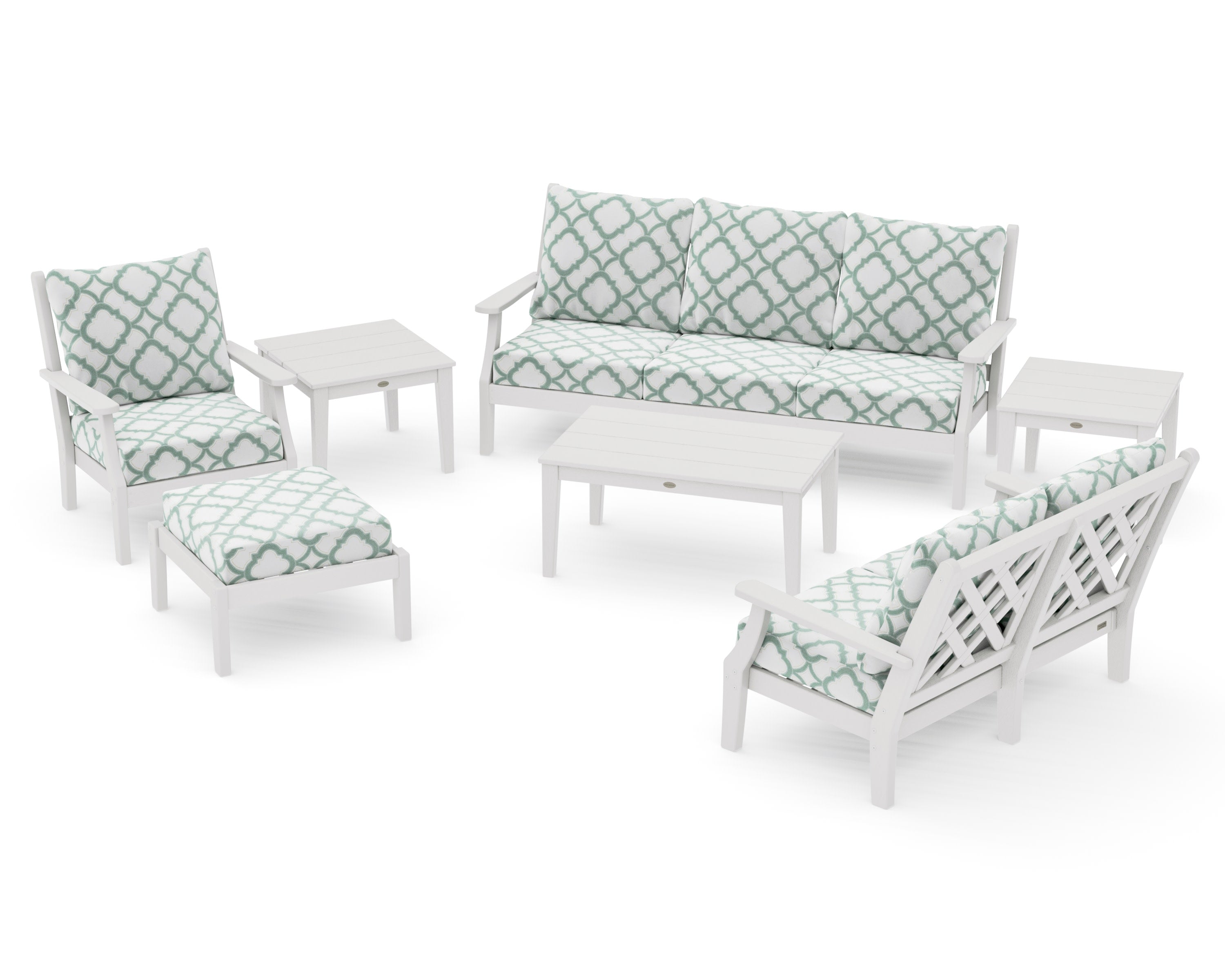 Wovendale 7-Piece Deep Seating Set in Vintage White / Trellis Glacier Spa