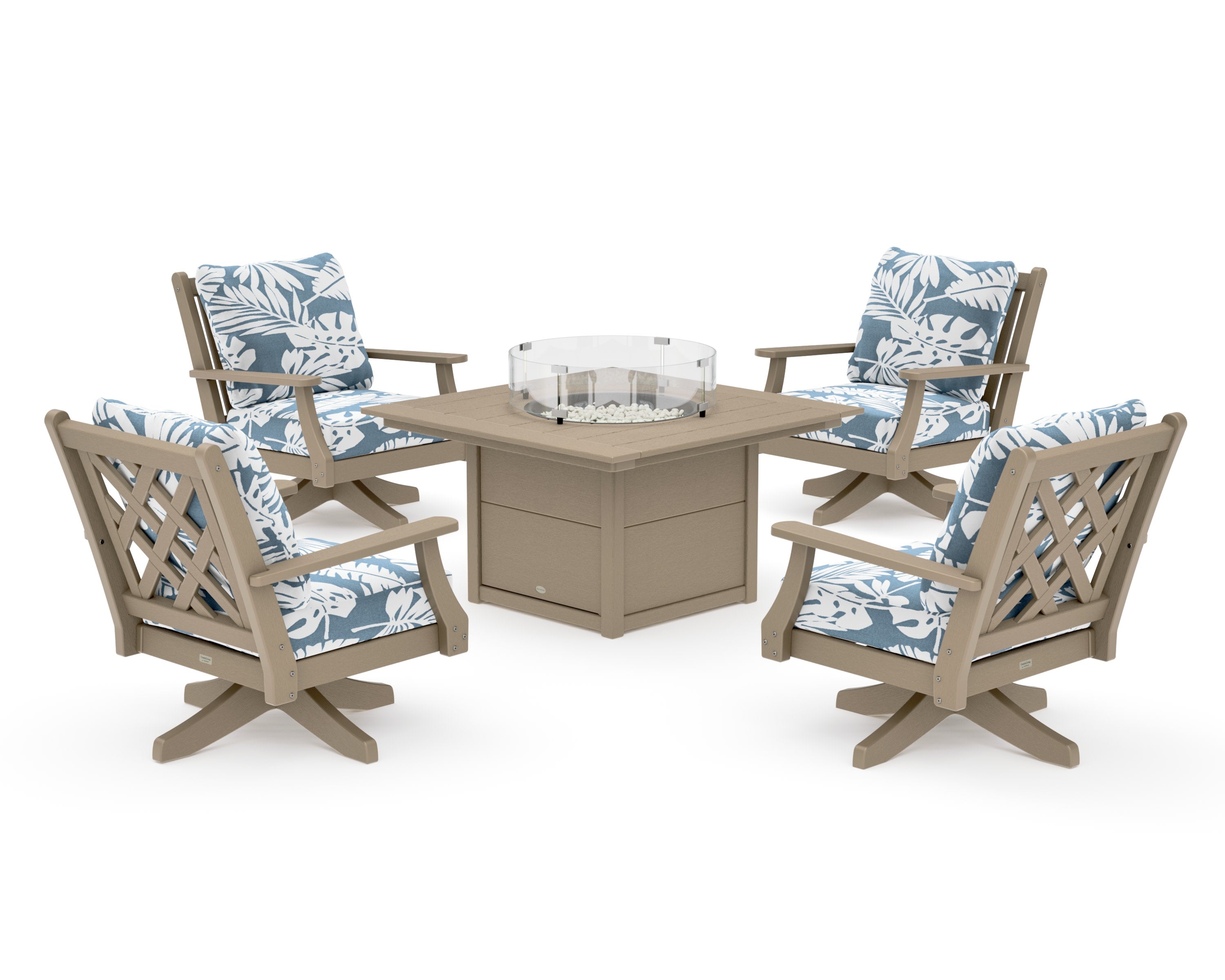 Wovendale 5-Piece Deep Seating Swivel Conversation Set with Fire Pit Table in Vintage Sahara / Leaf Sky Blue