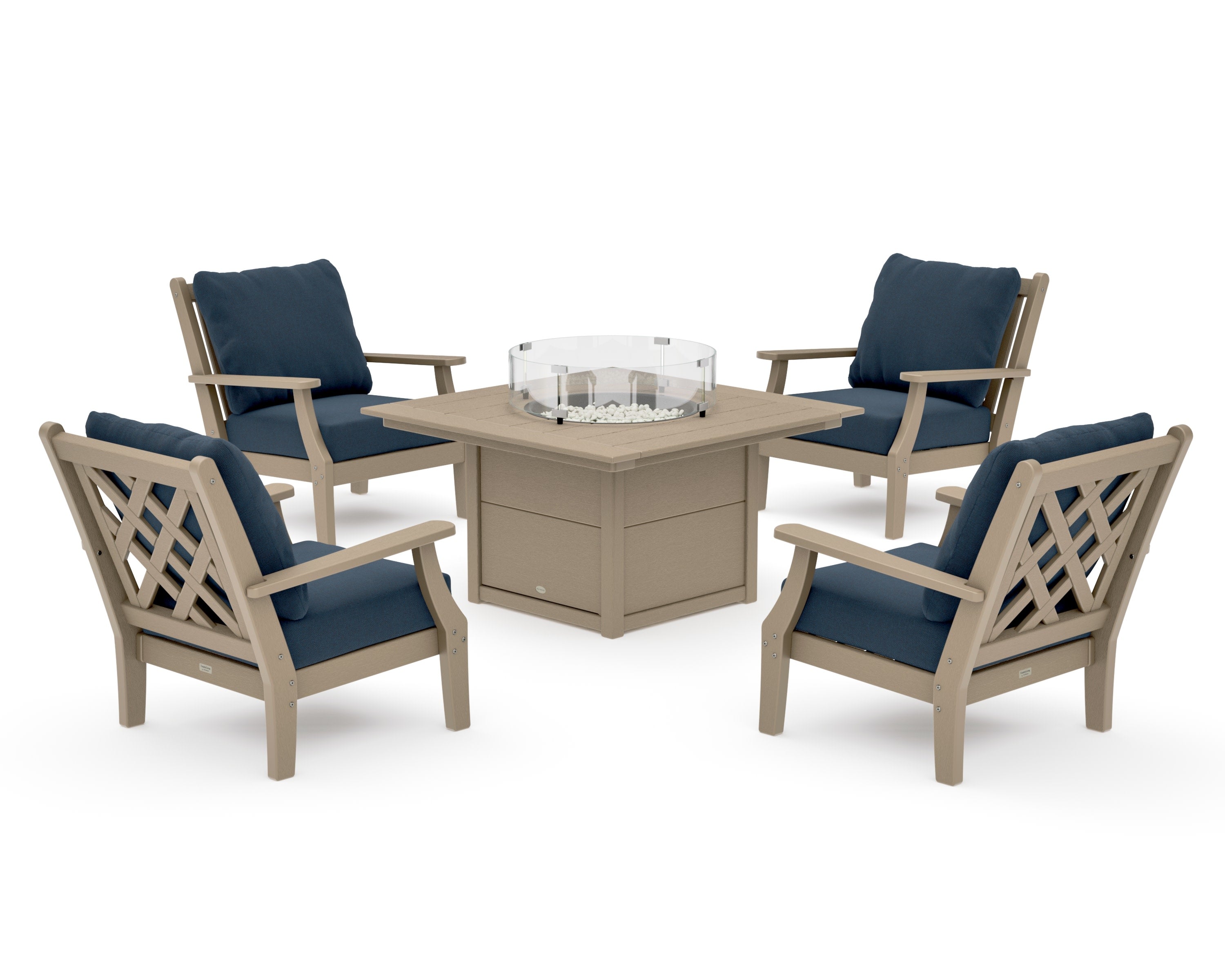 Wovendale 5-Piece Deep Seating Set with Fire Pit Table in Vintage Sahara / Marine Indigo