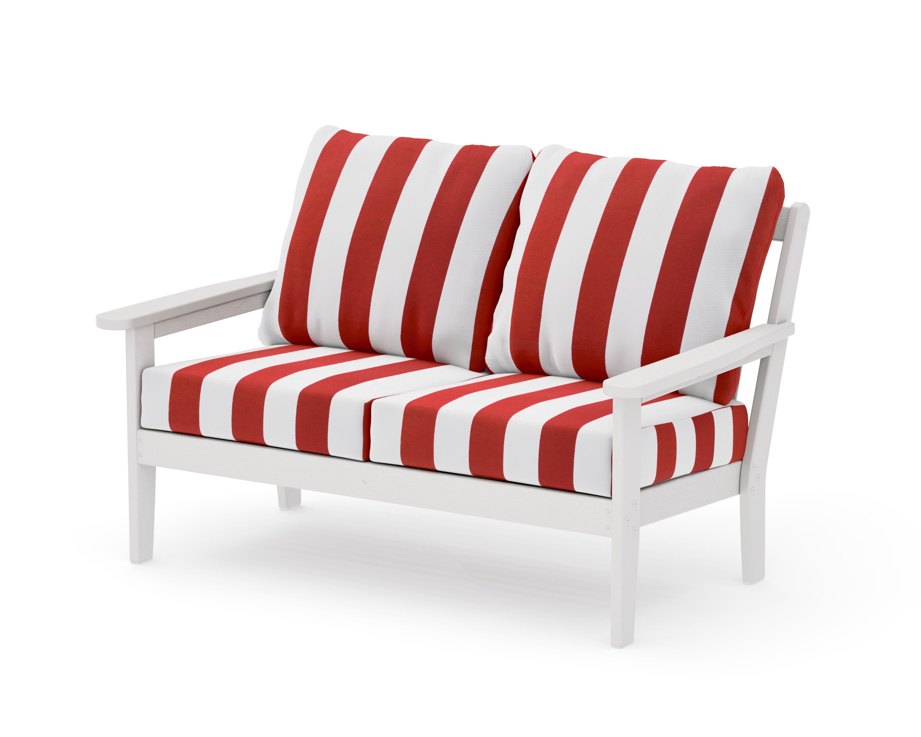 Cottage Deep Seating Loveseat in Vintage White / Cabana Stripe Crimson