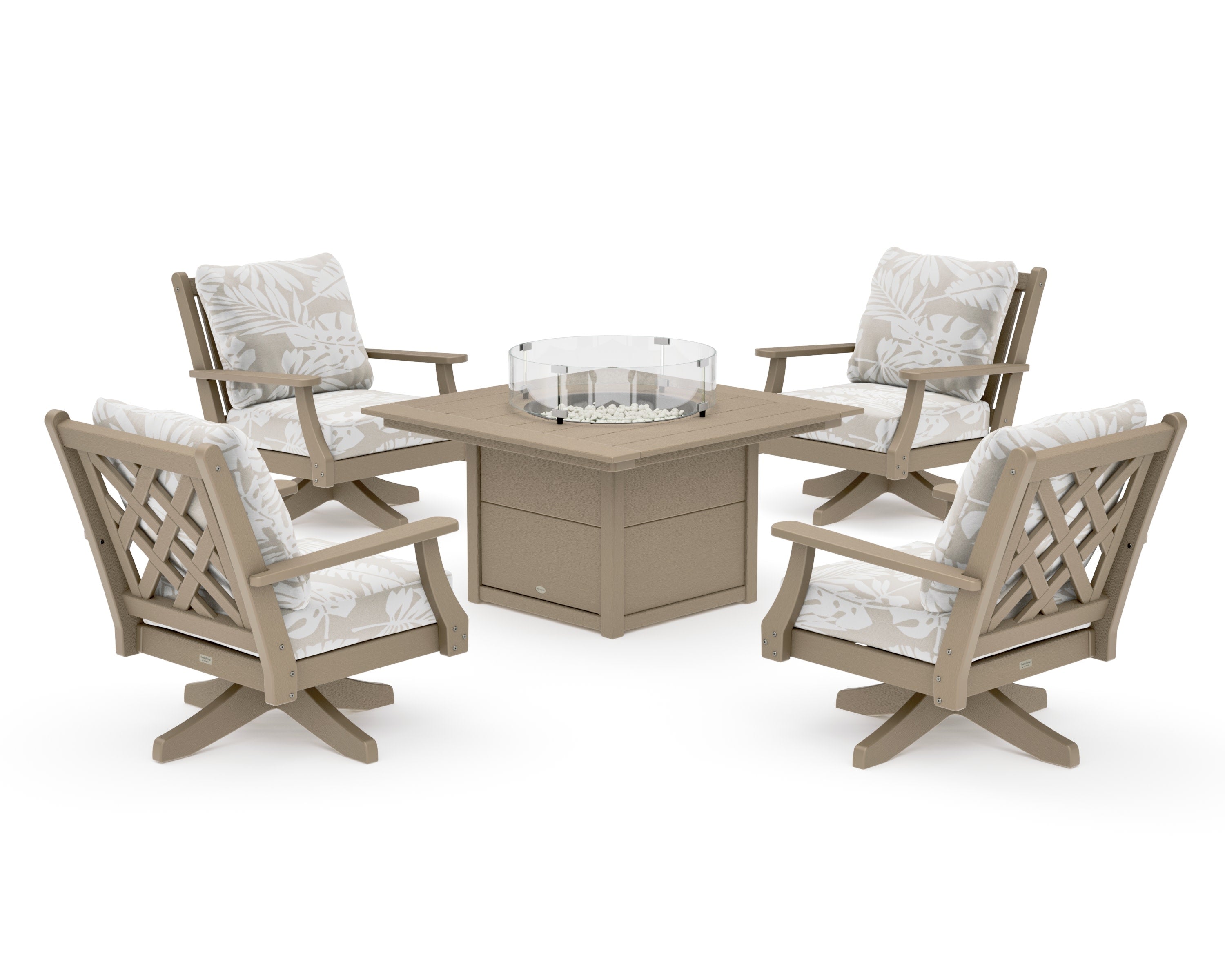 Wovendale 5-Piece Deep Seating Swivel Conversation Set with Fire Pit Table in Vintage Sahara / Leaf Dune Burlap