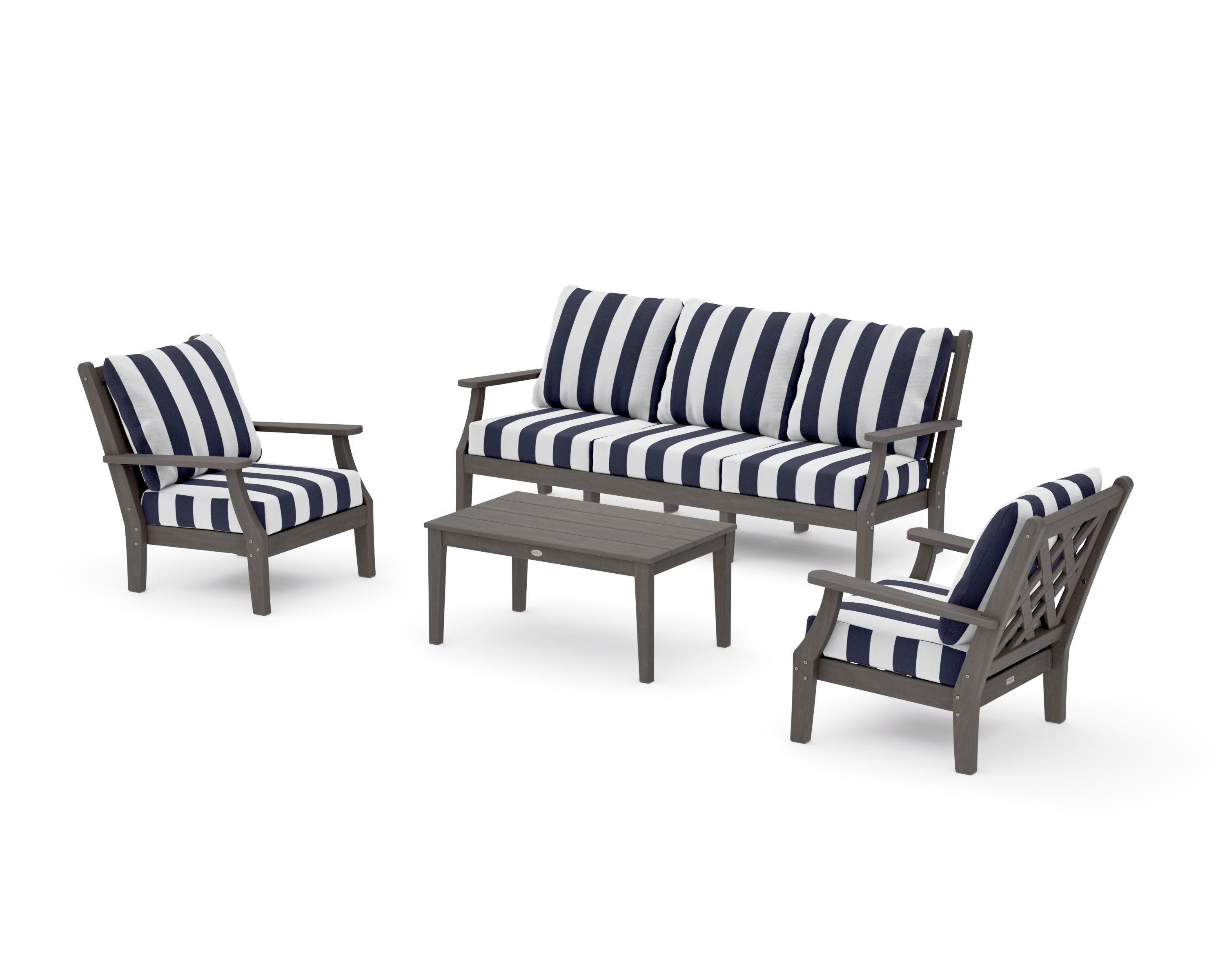 Wovendale 4-Piece Deep Seating Set with Sofa in Driftwood / Cabana Stripe Navy