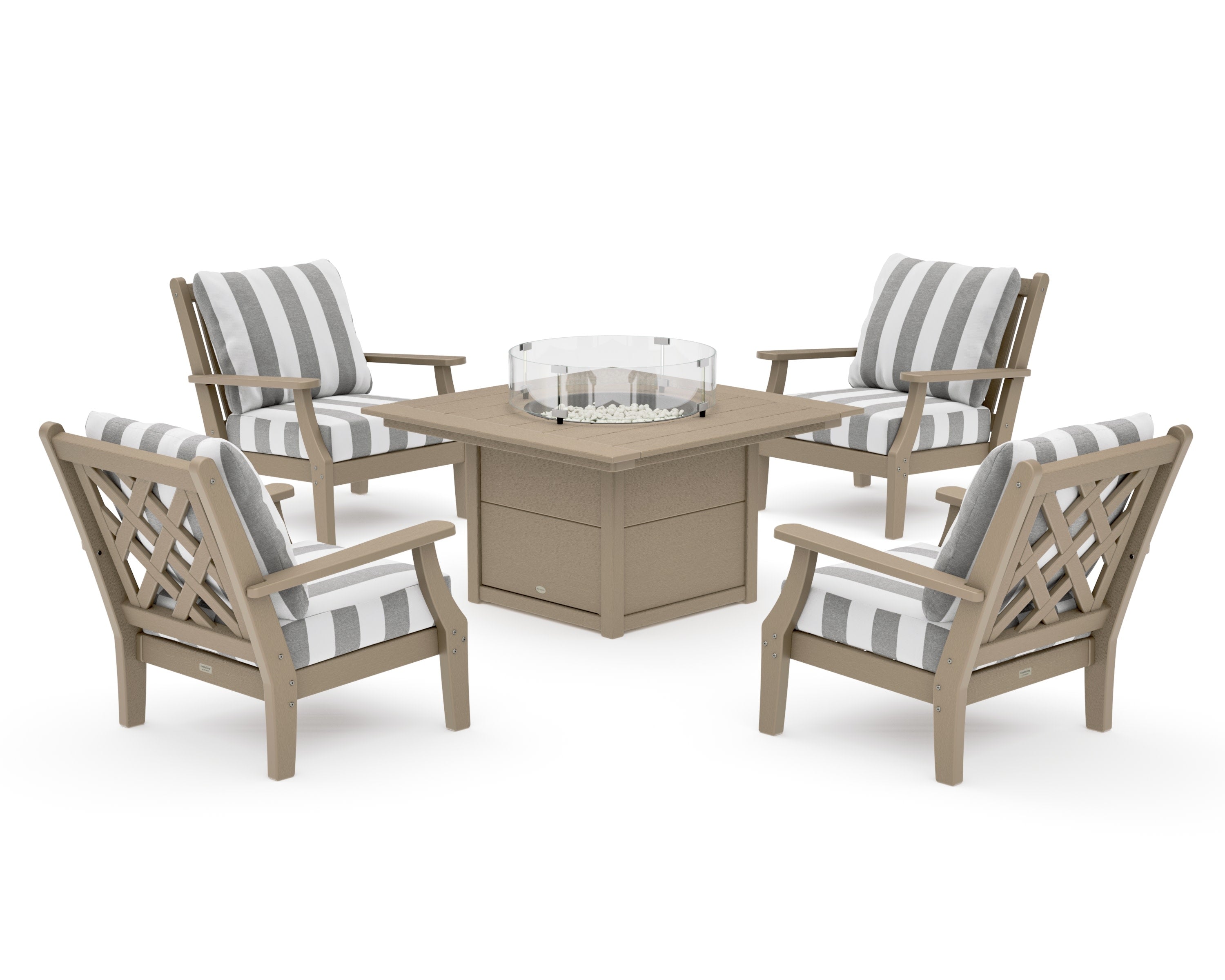 Wovendale 5-Piece Deep Seating Set with Fire Pit Table in Vintage Sahara / Cabana Stripe Grey Mist