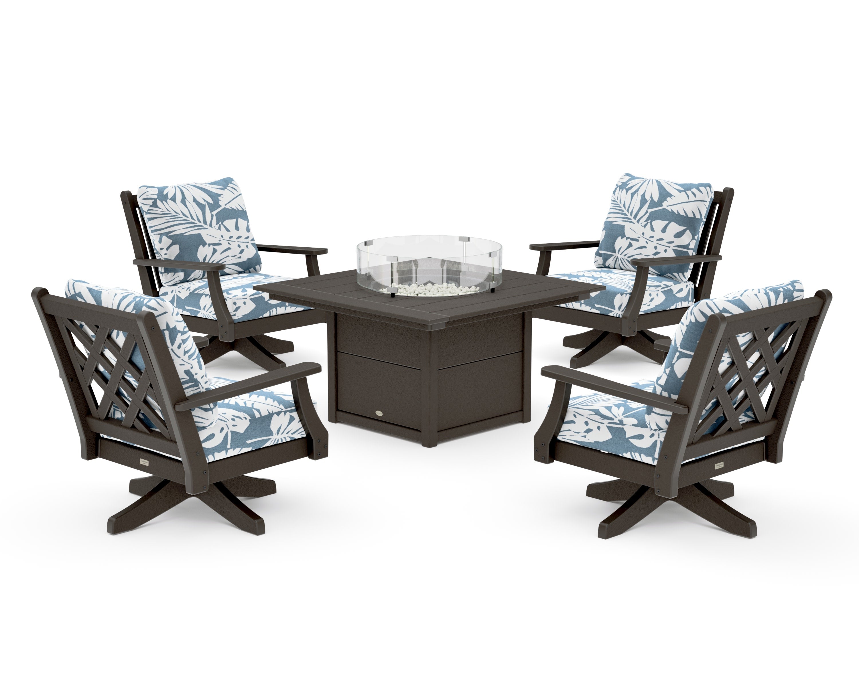 Wovendale 5-Piece Deep Seating Swivel Conversation Set with Fire Pit Table in Vintage Coffee / Leaf Sky Blue