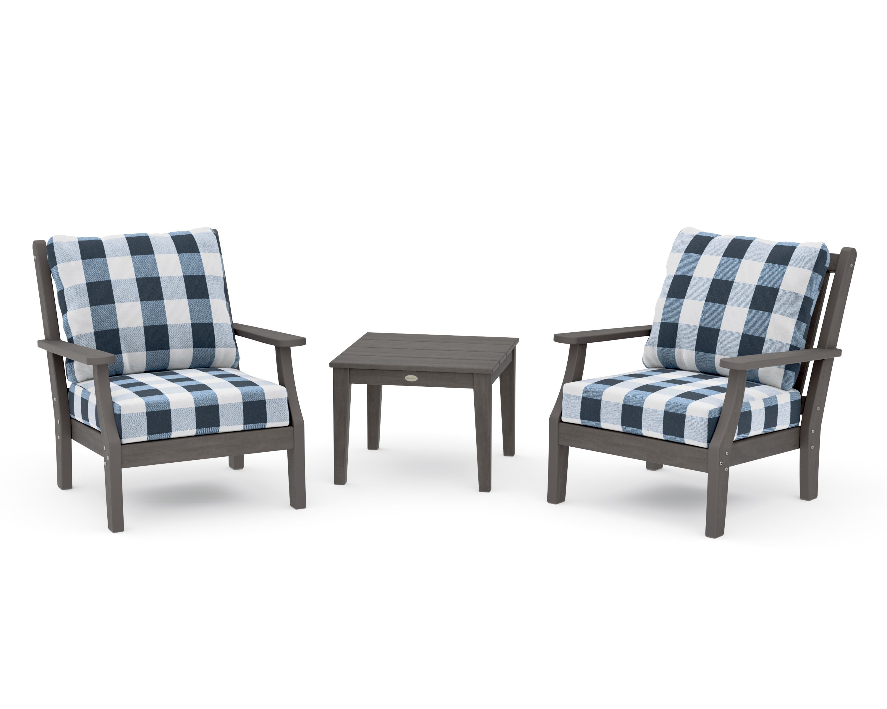 Wovendale 3-Piece Deep Seating Set in Driftwood / Buffalo Plaid Marine Indigo
