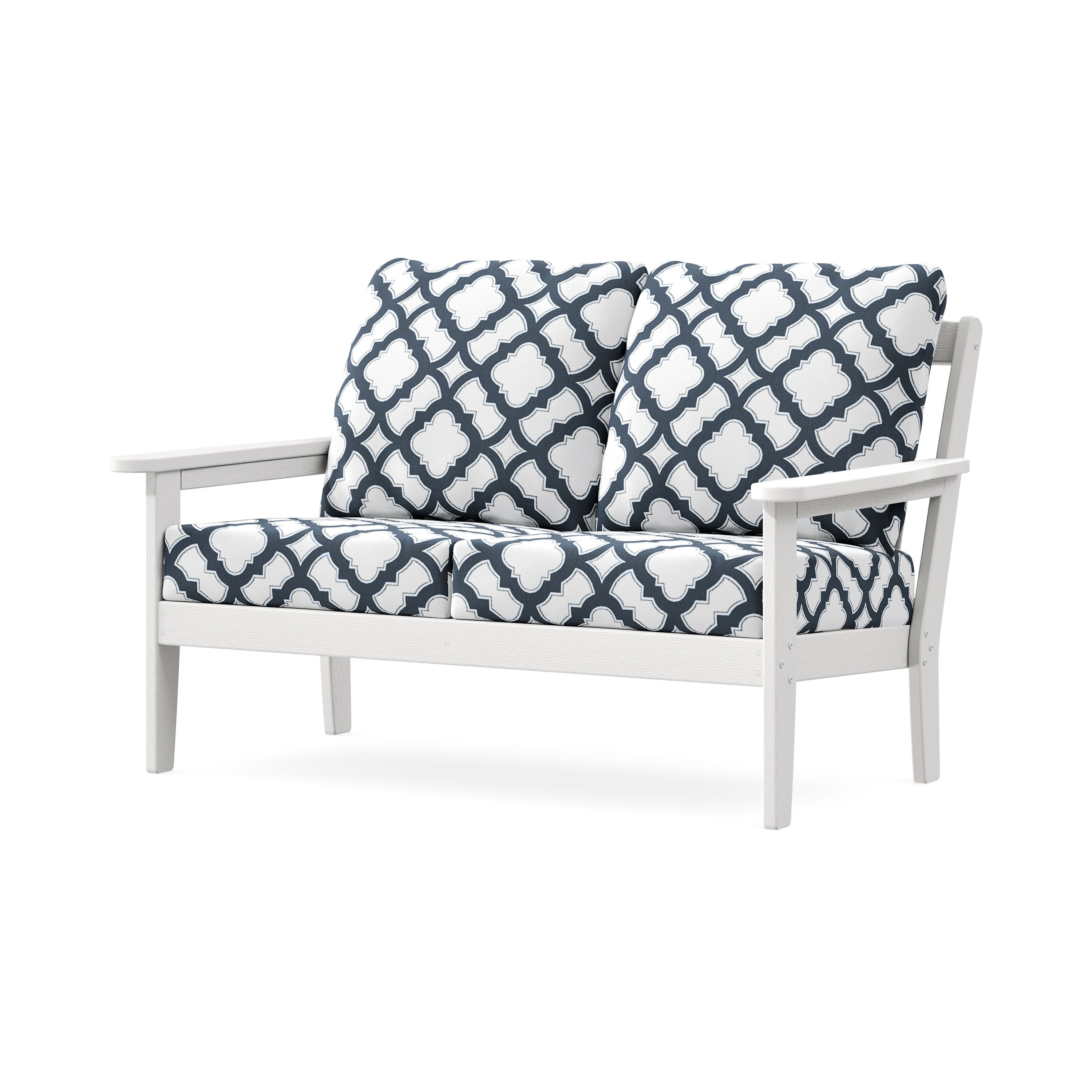Cottage Deep Seating Loveseat in Vintage White / Trellis Marine Indigo