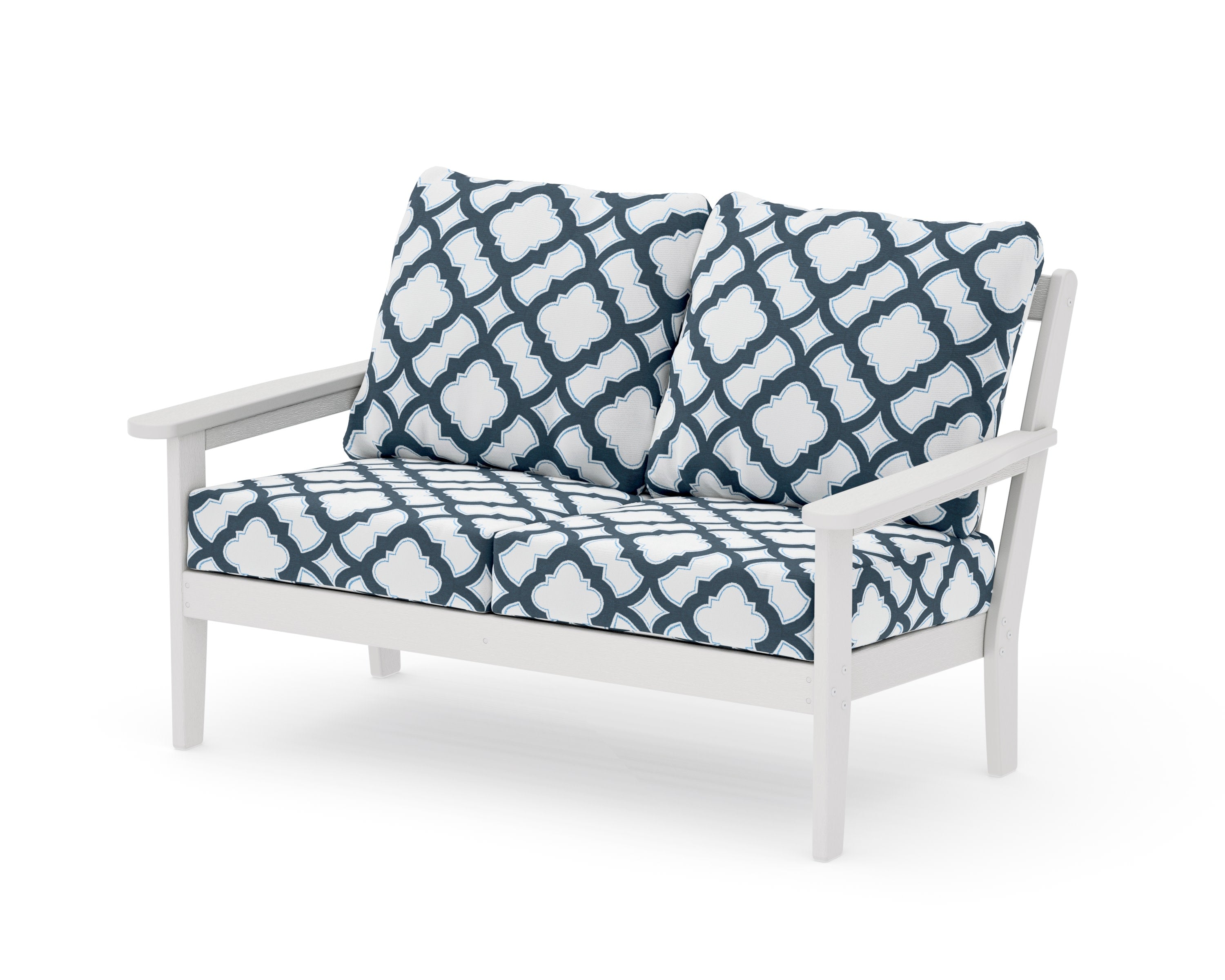 Cottage Deep Seating Loveseat in Vintage White / Trellis Marine Indigo