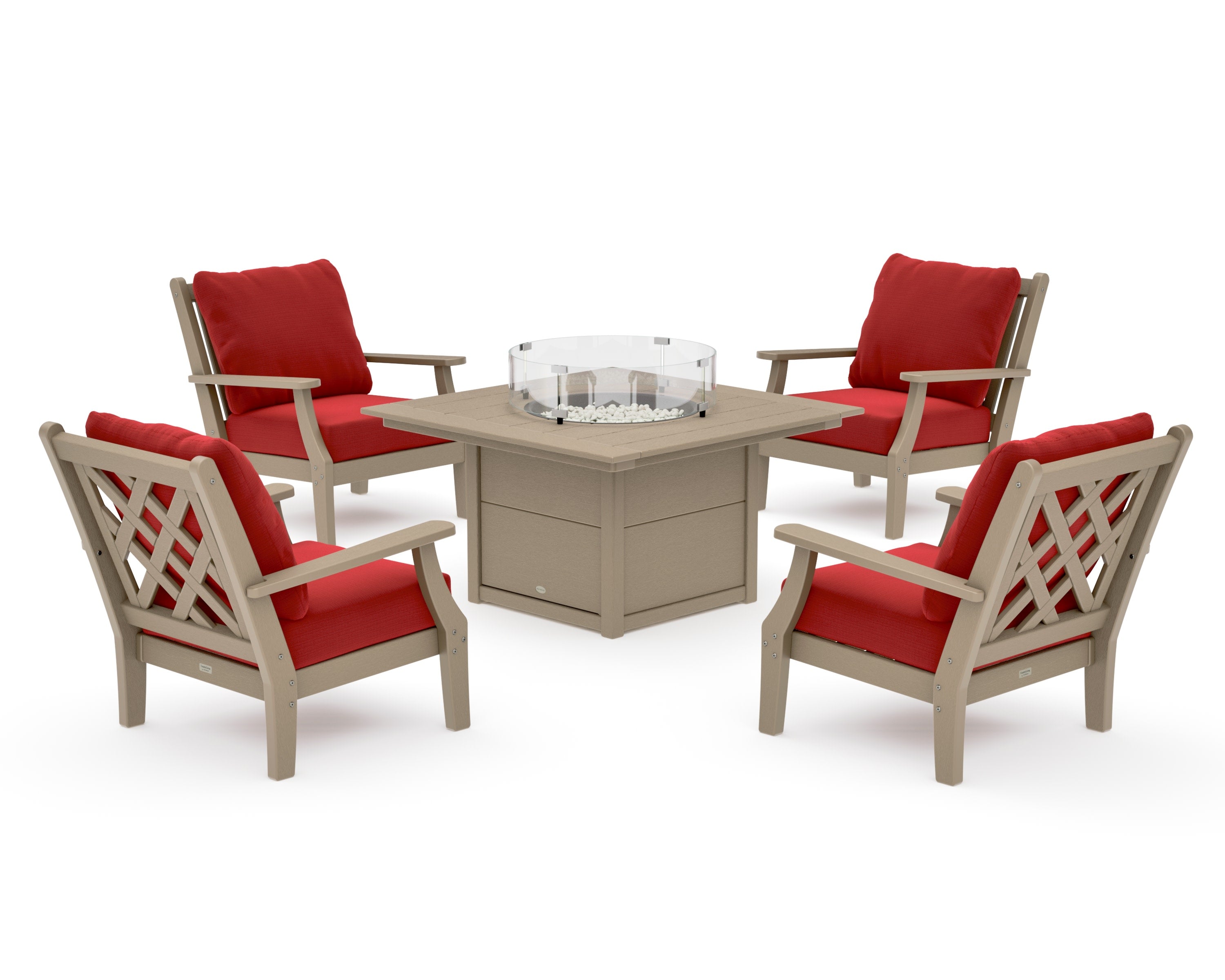 Wovendale 5-Piece Deep Seating Set with Fire Pit Table in Vintage Sahara / Crimson Linen