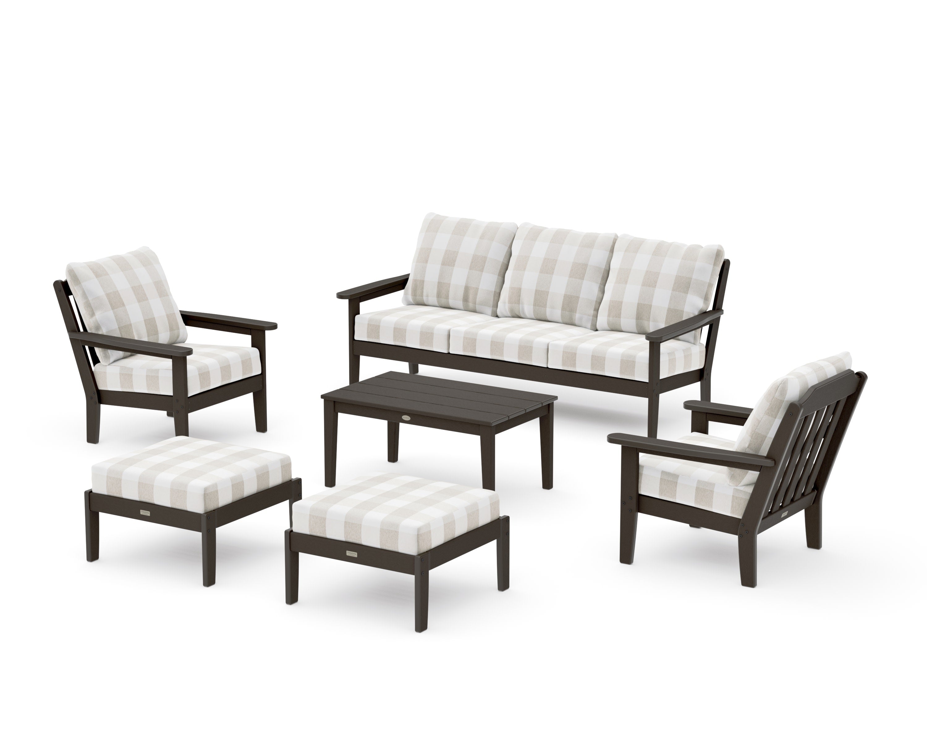 Cottage 6-Piece Lounge Sofa Set in Vintage Coffee / Buffalo Plaid Dune Burlap