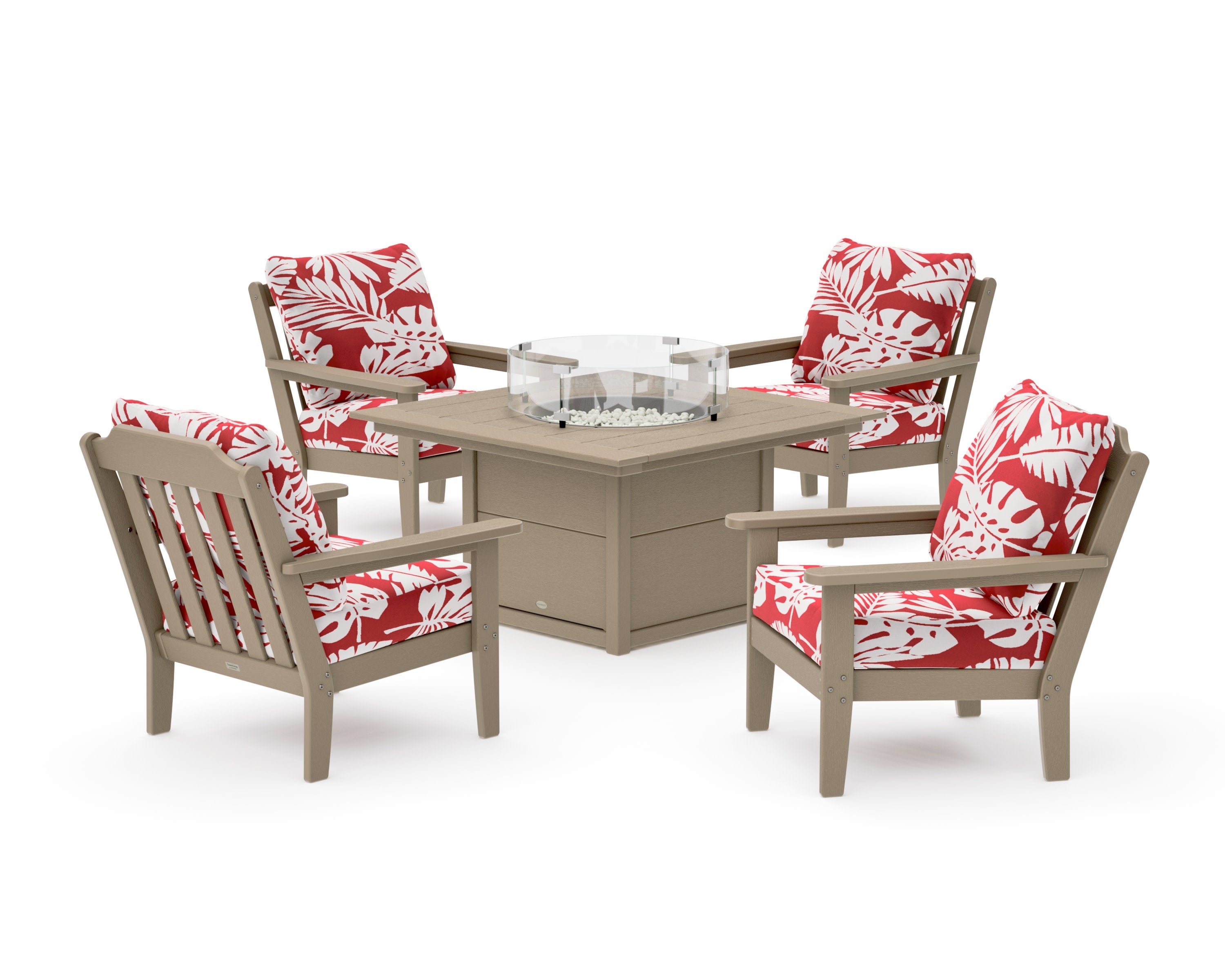 Cottage 5-Piece Deep Seating Set with Fire Pit Table in Vintage Sahara / Leaf Crimson