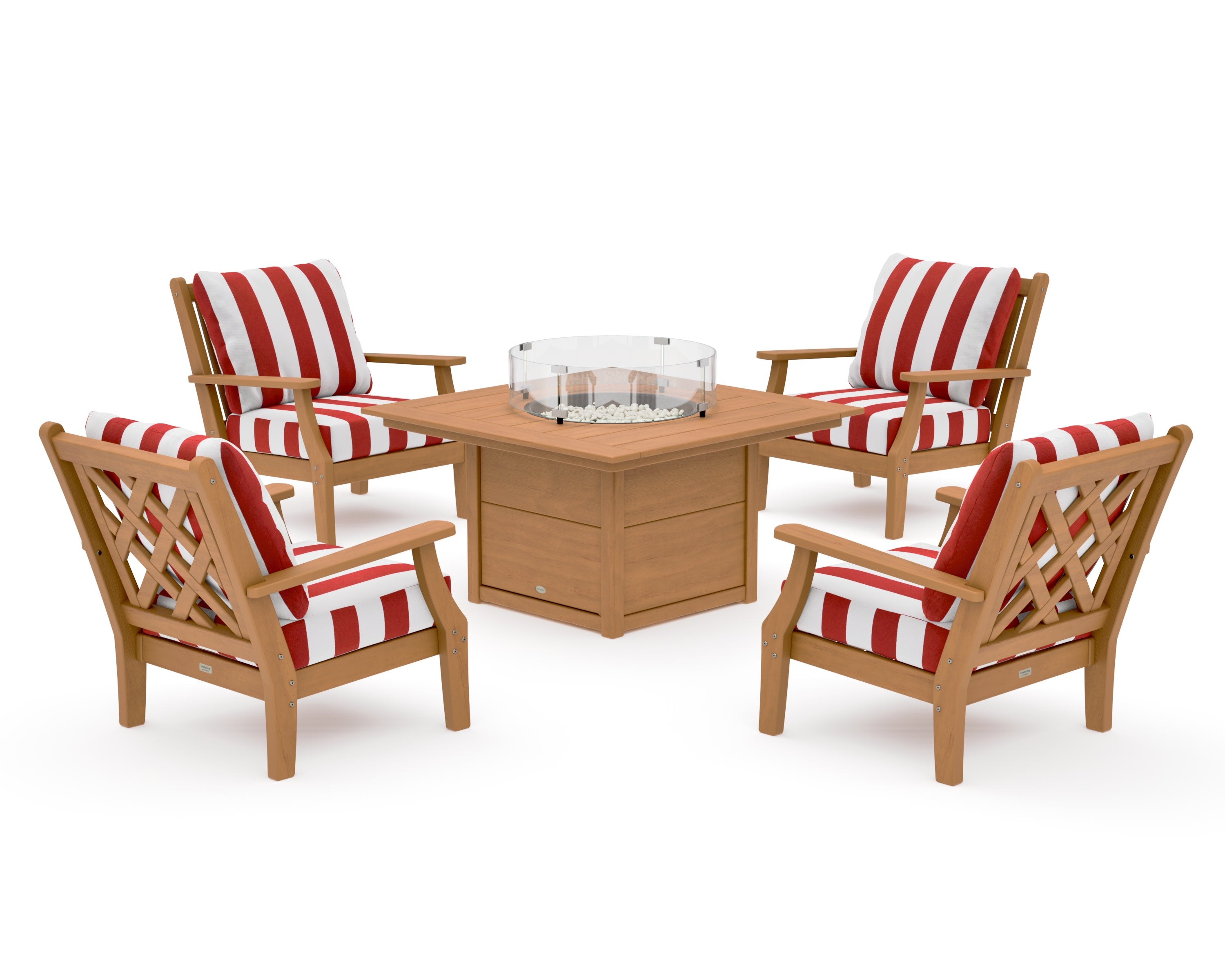 Wovendale 5-Piece Deep Seating Set with Fire Pit Table in Natural / Cabana Stripe Crimson