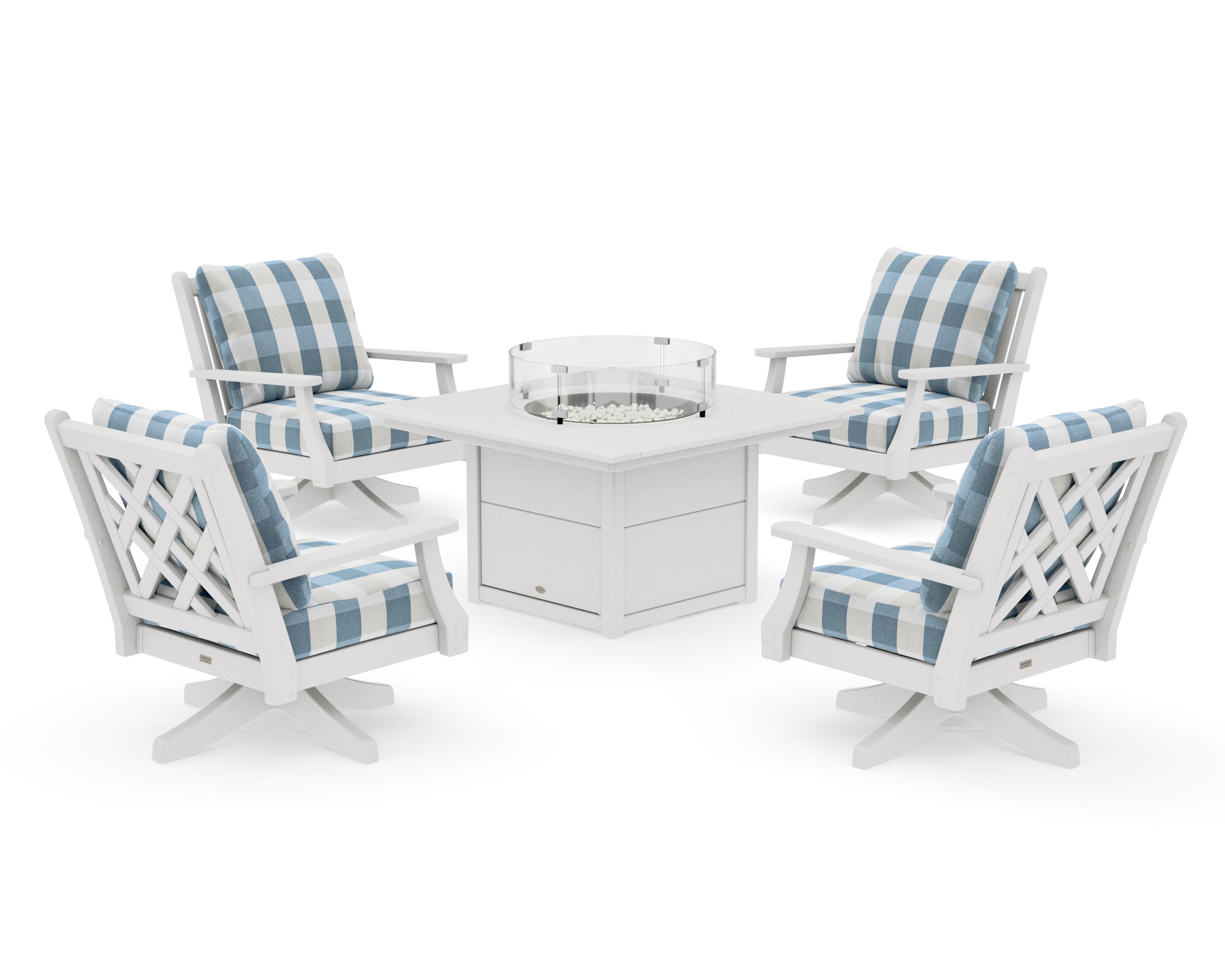 Wovendale 5-Piece Deep Seating Swivel Conversation Set with Fire Pit Table in Vintage White / Buffalo Plaid Sky Blue