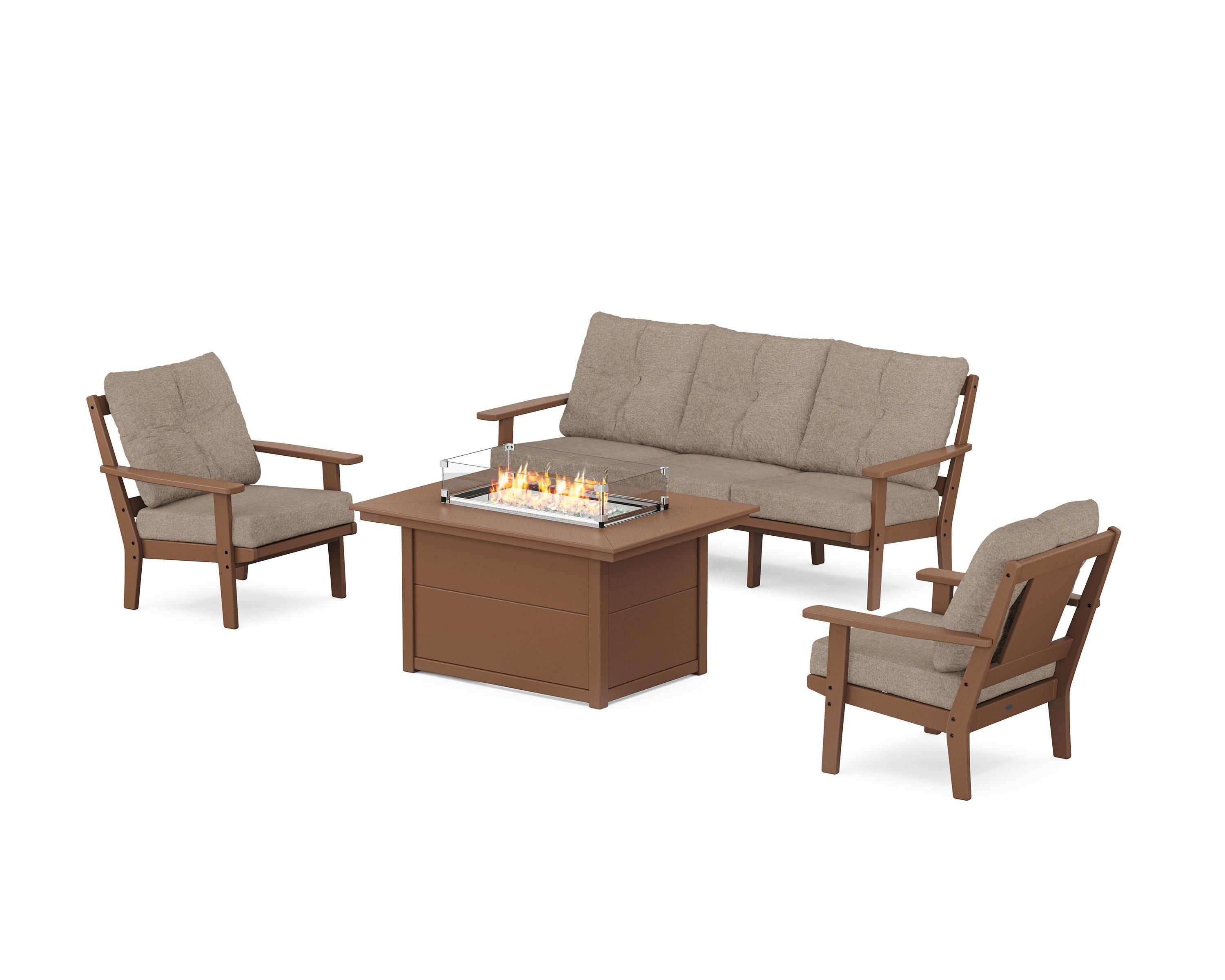 Prairie Deep Seating Fire Pit Table Set in Teak / Spiced Burlap