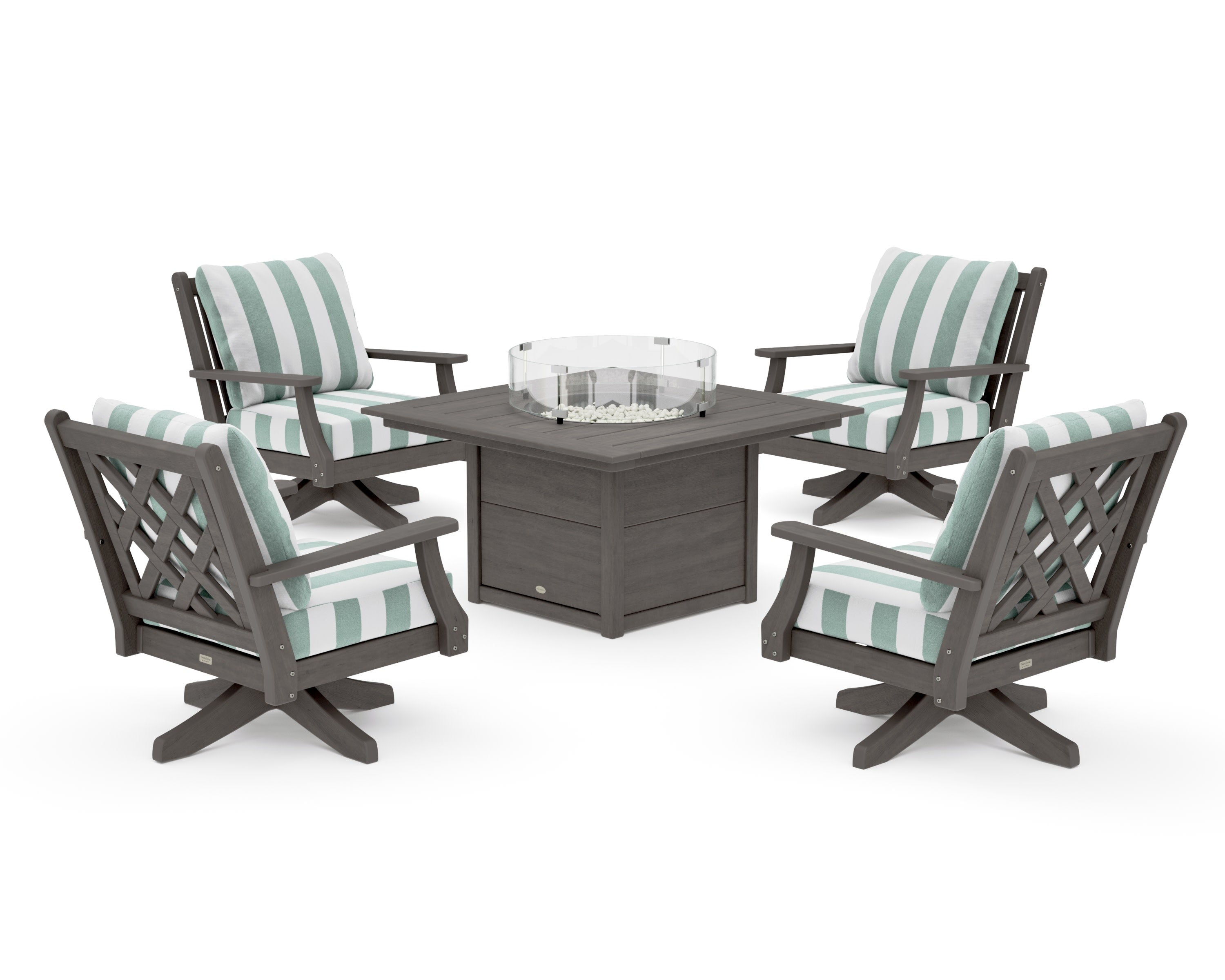 Wovendale 5-Piece Deep Seating Swivel Conversation Set with Fire Pit Table in Driftwood / Cabana Stripe Glacier Spa