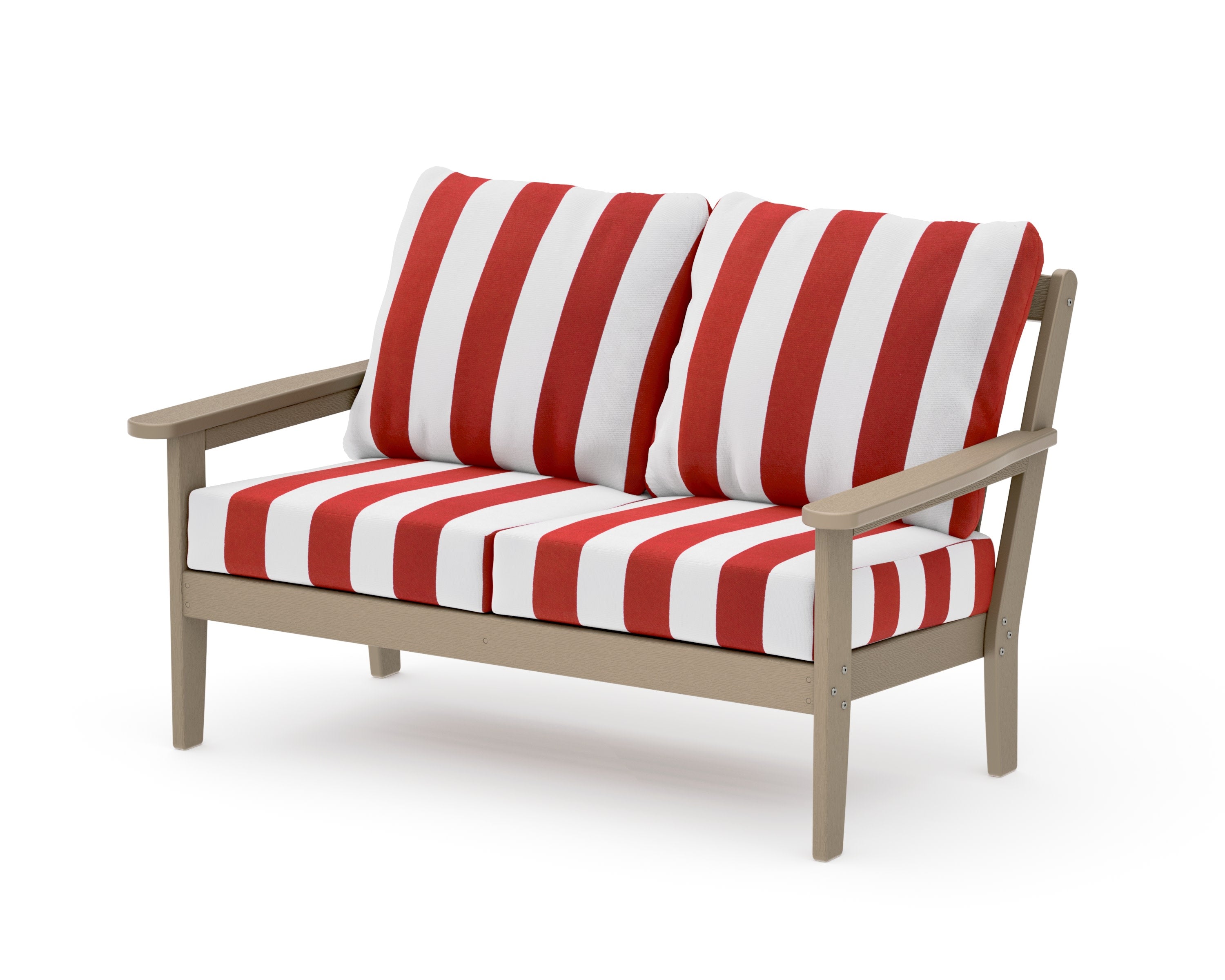 Cottage Deep Seating Loveseat in Vintage Sahara / Cabana Stripe Crimson