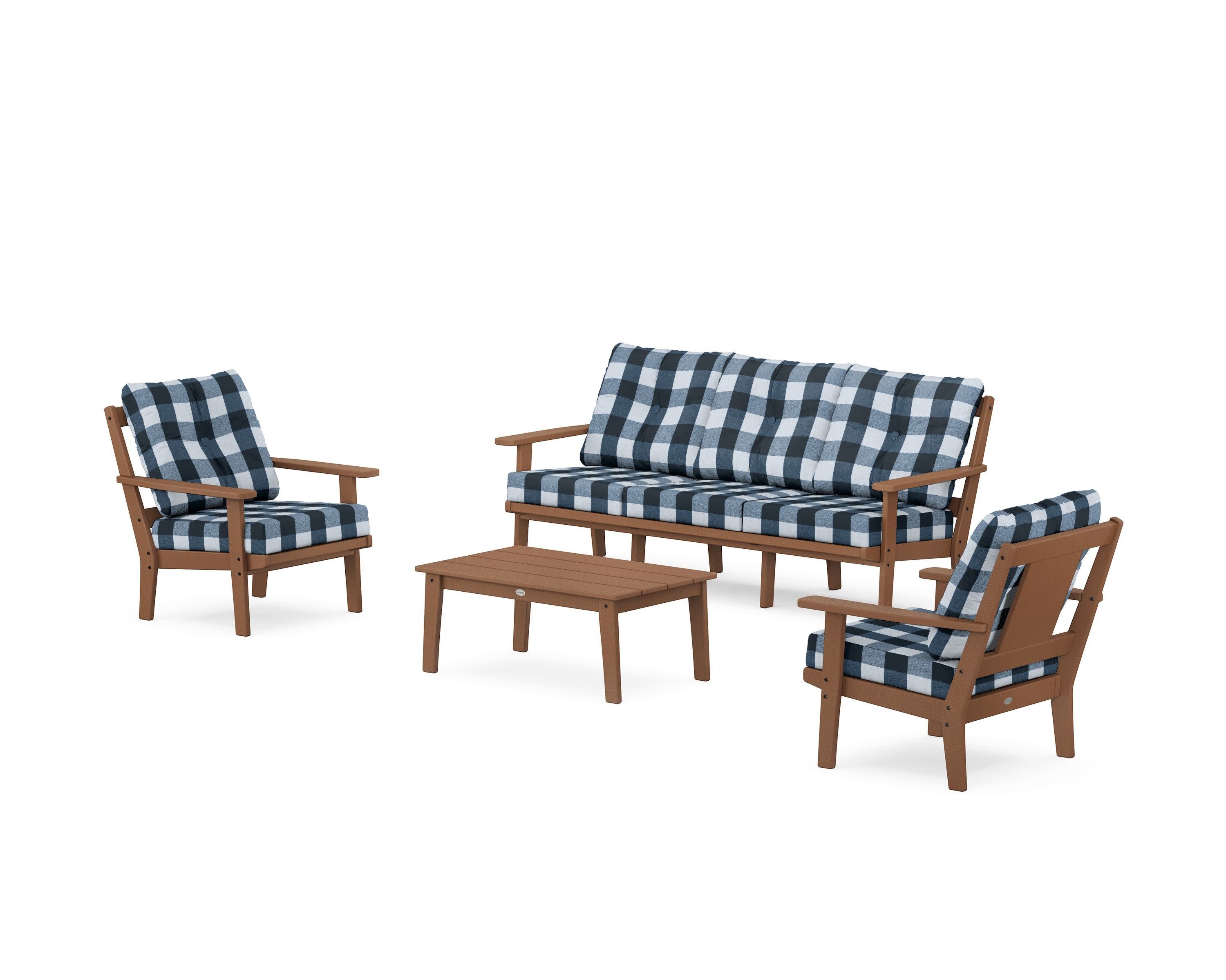 Prairie 4-Piece Deep Seating Set with Sofa in Teak / Buffalo Plaid Marine Indigo