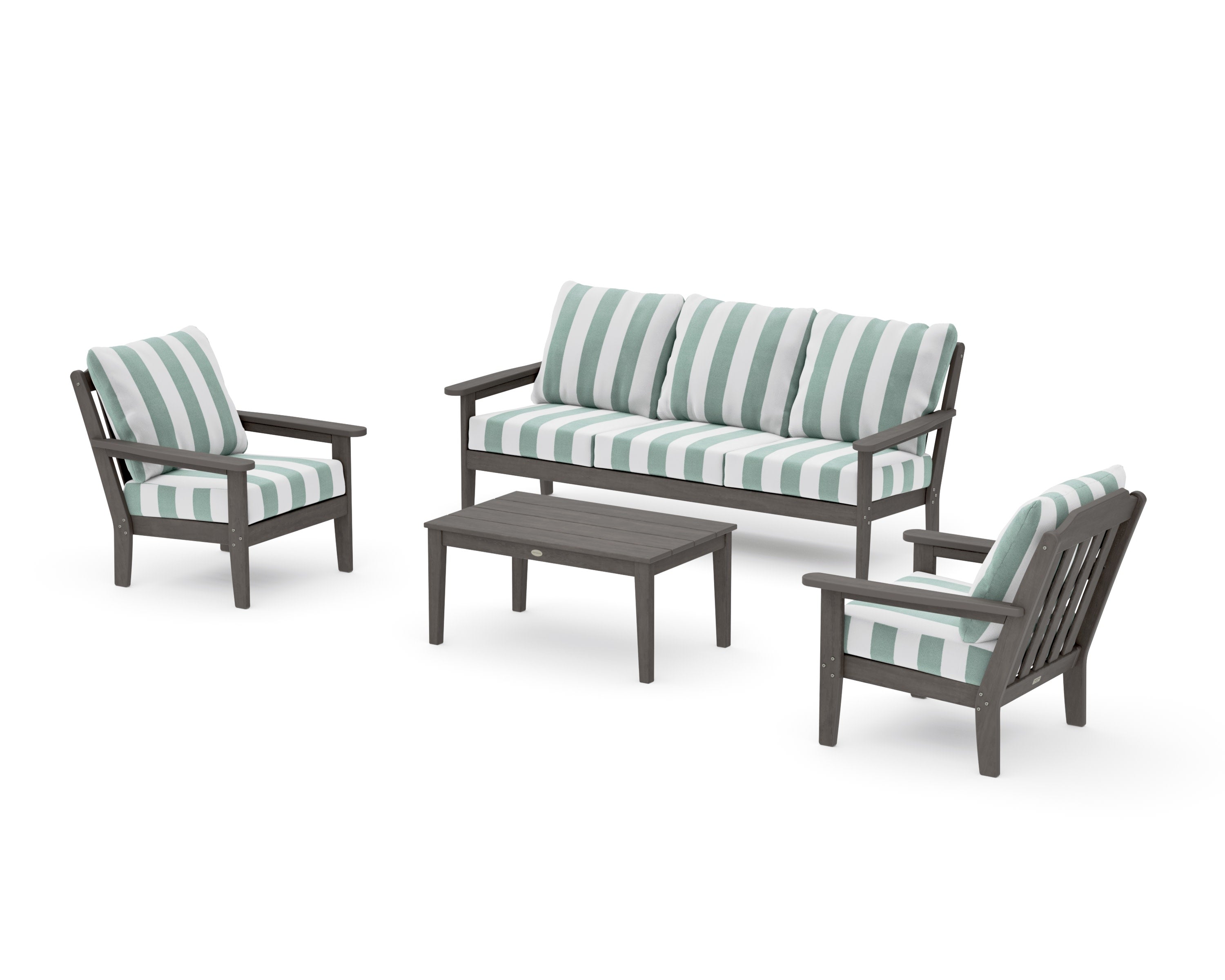 Cottage 4-Piece Deep Seating Set with Sofa in Driftwood / Cabana Stripe Glacier Spa