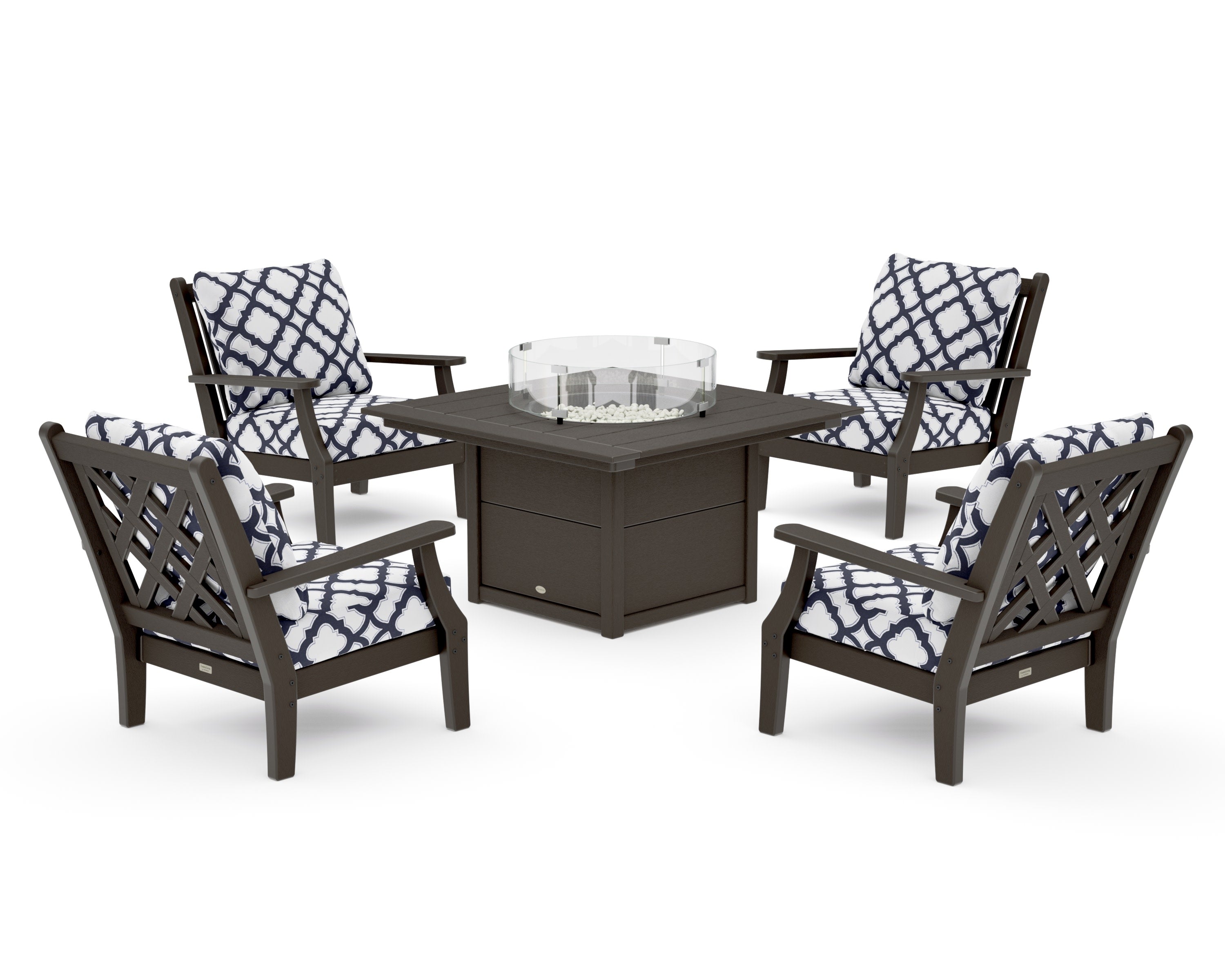 Wovendale 5-Piece Deep Seating Set with Fire Pit Table in Vintage Coffee / Trellis Navy