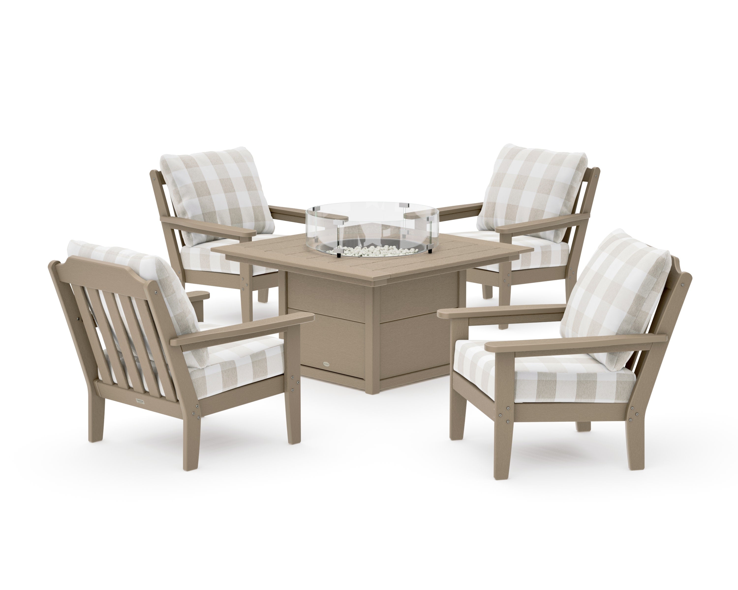 Cottage 5-Piece Deep Seating Set with Fire Pit Table in Vintage Sahara / Buffalo Plaid Dune Burlap