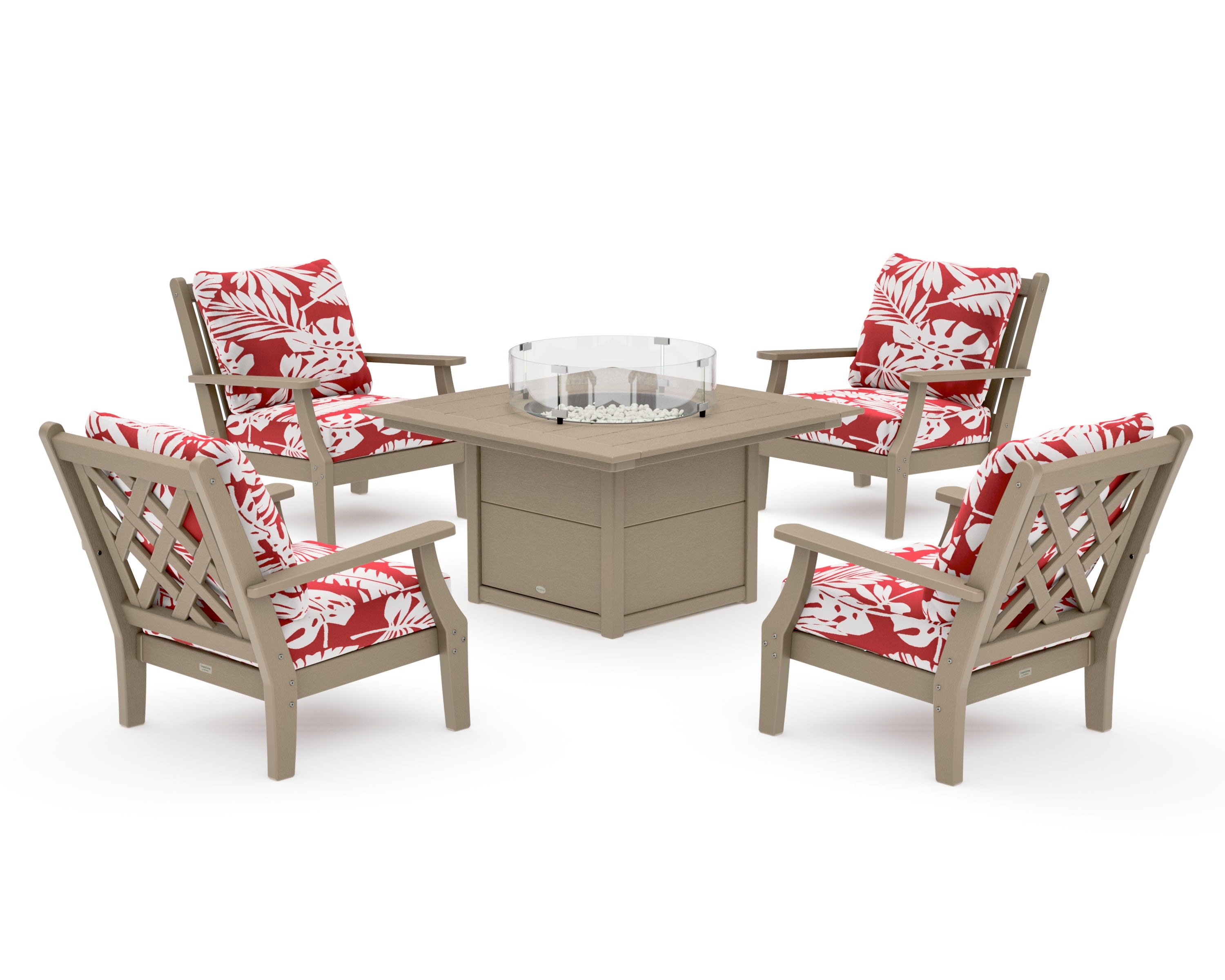 Wovendale 5-Piece Deep Seating Set with Fire Pit Table in Vintage Sahara / Leaf Crimson