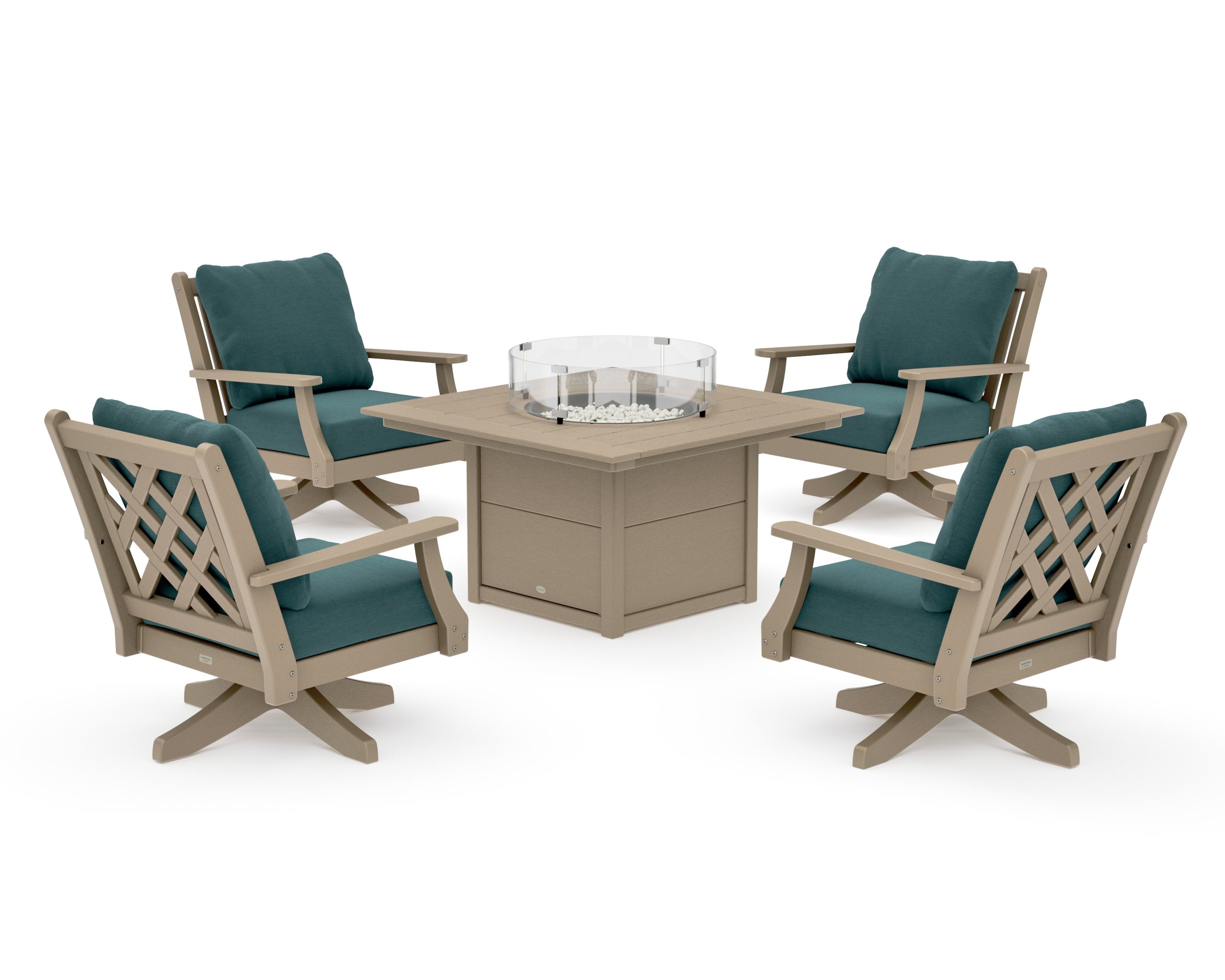 Wovendale 5-Piece Deep Seating Swivel Conversation Set with Fire Pit Table in Vintage Sahara / Ocean Teal