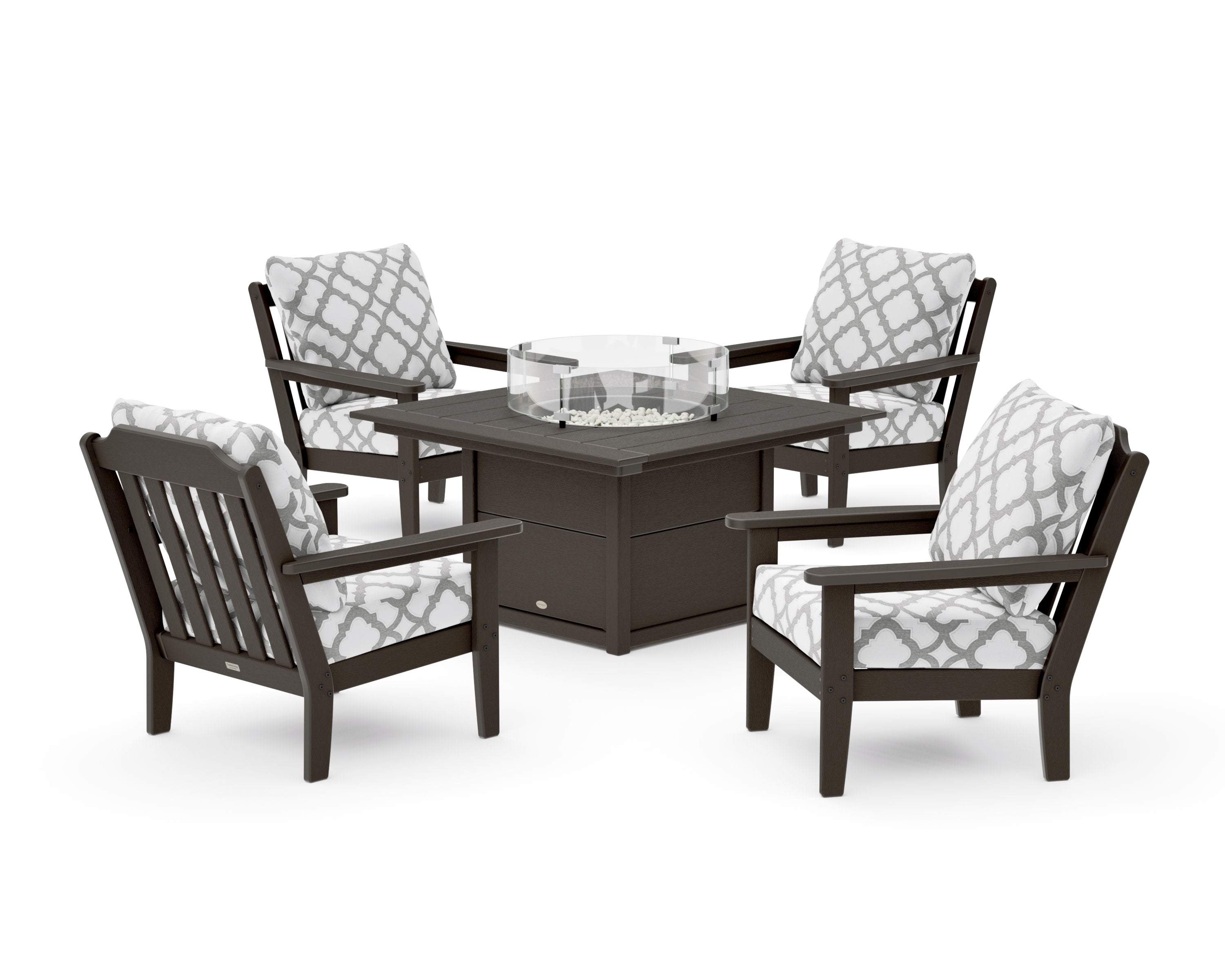 Cottage 5-Piece Deep Seating Set with Fire Pit Table in Vintage Coffee / Trellis Grey Mist