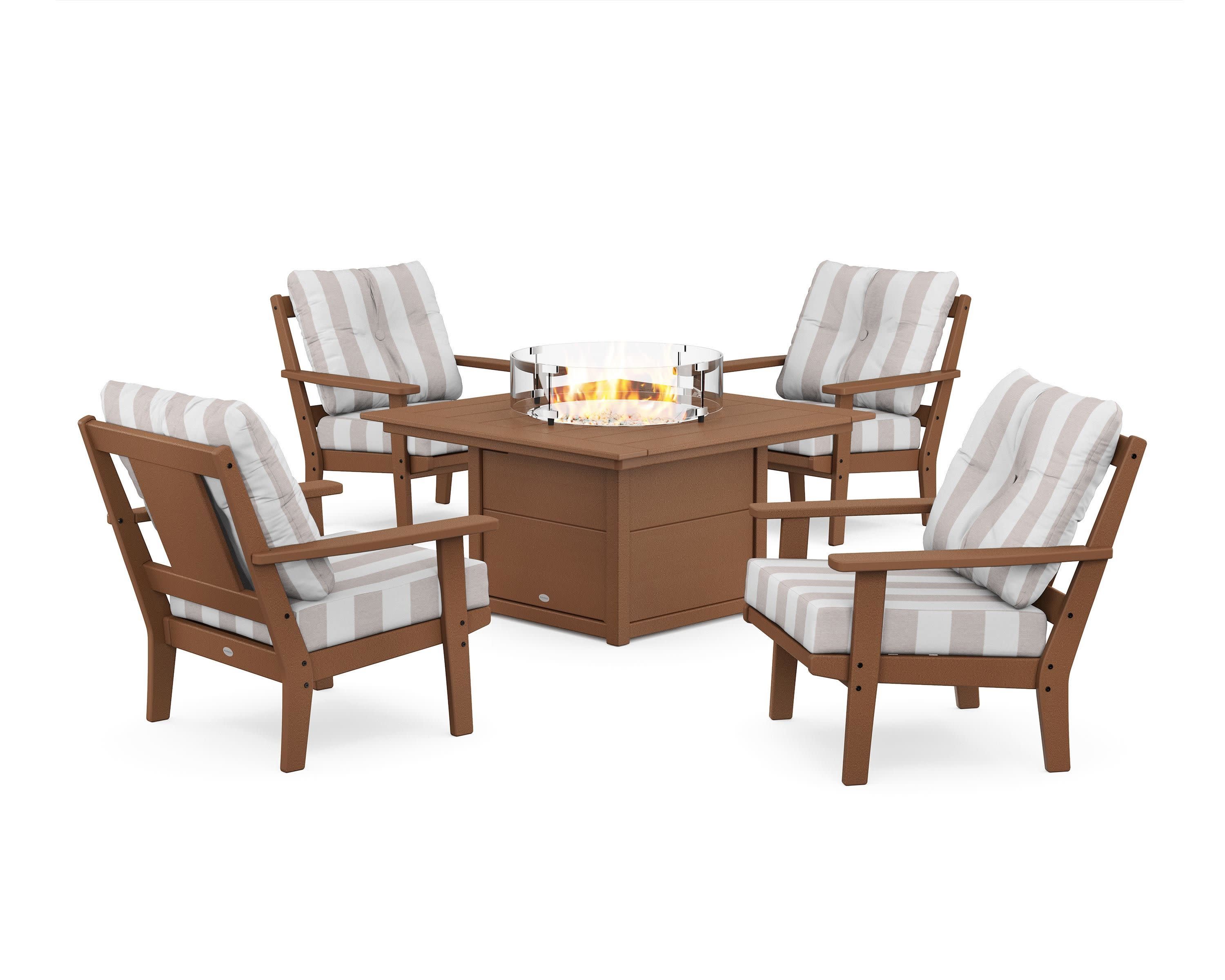 Prairie 5-Piece Deep Seating Set with Fire Pit Table in Teak / Cabana Stripe Dune Burlap