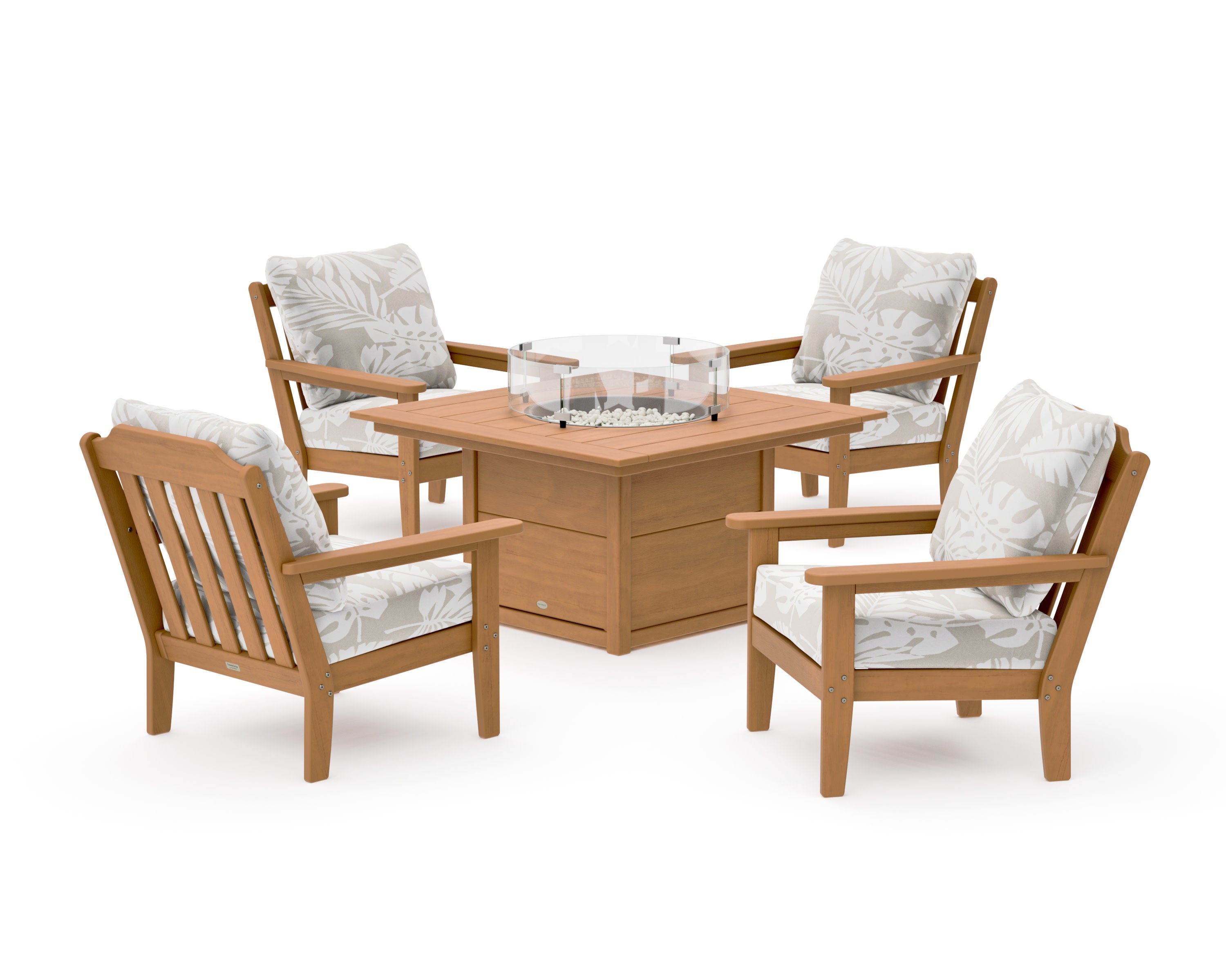 Cottage 5-Piece Deep Seating Set with Fire Pit Table in Natural / Leaf Dune Burlap