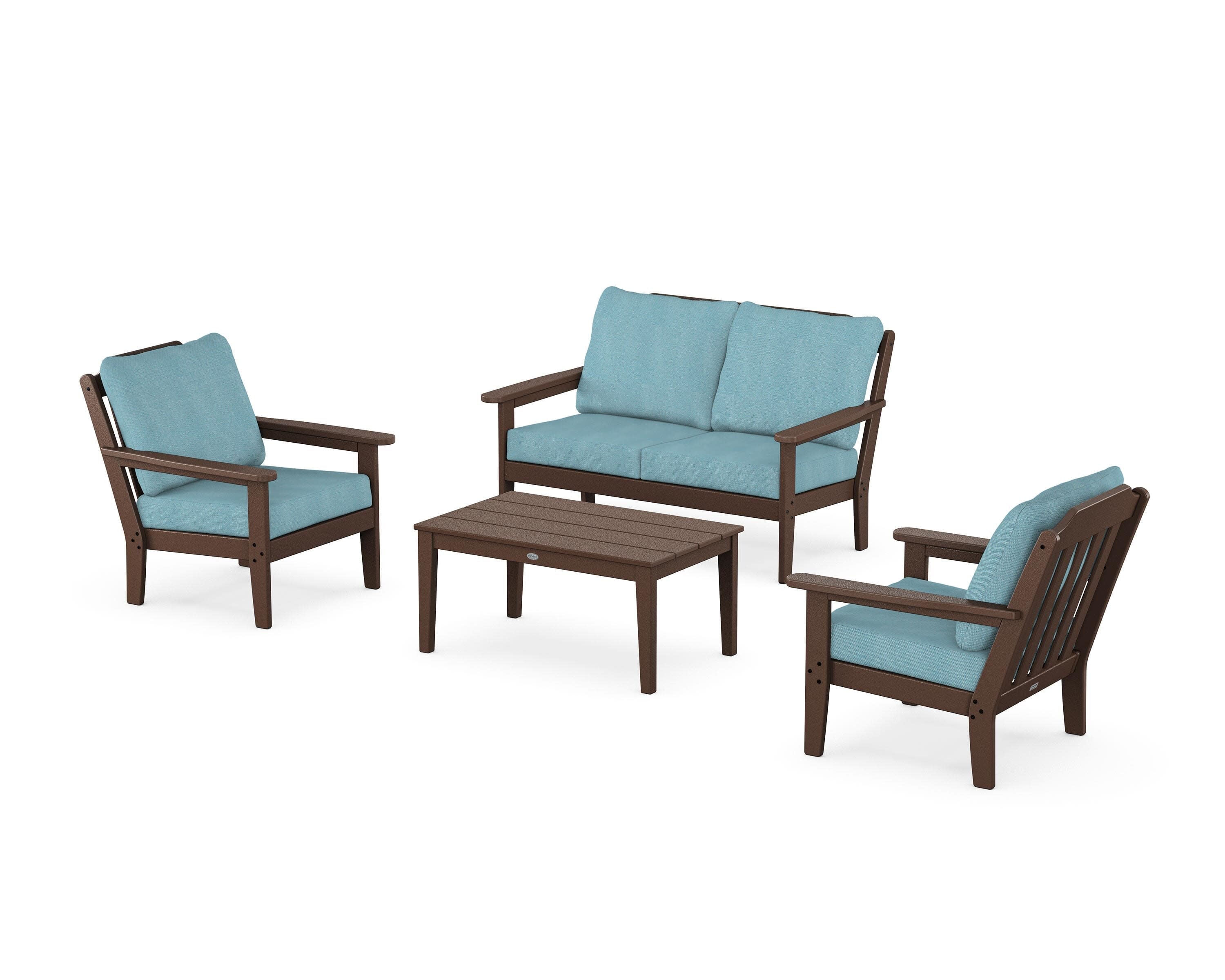 Cottage 4-Piece Deep Seating Set with Loveseat in Mahogany / Lattice Sky Blue