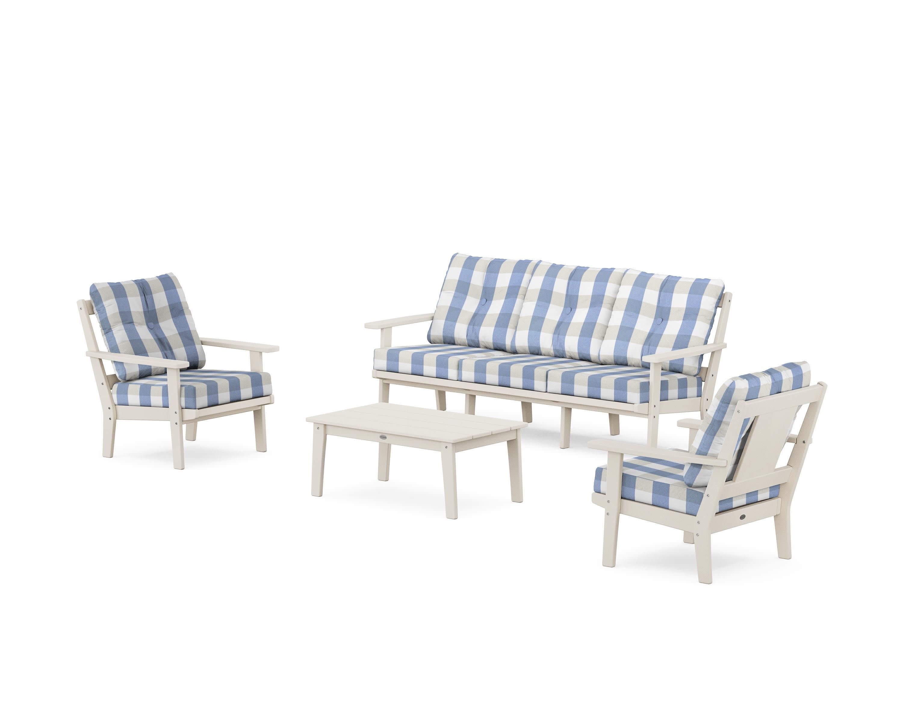 Prairie 4-Piece Deep Seating Set with Sofa in Sand / Buffalo Plaid Sky Blue