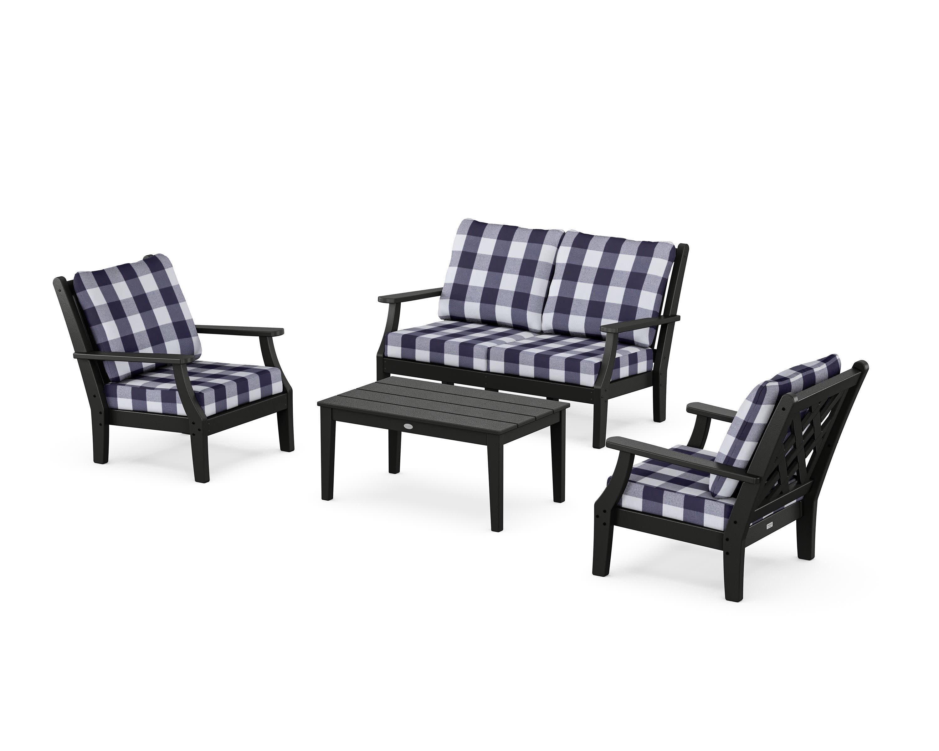 Wovendale 4-Piece Deep Seating Set with Loveseat in Black / Buffalo Plaid Navy