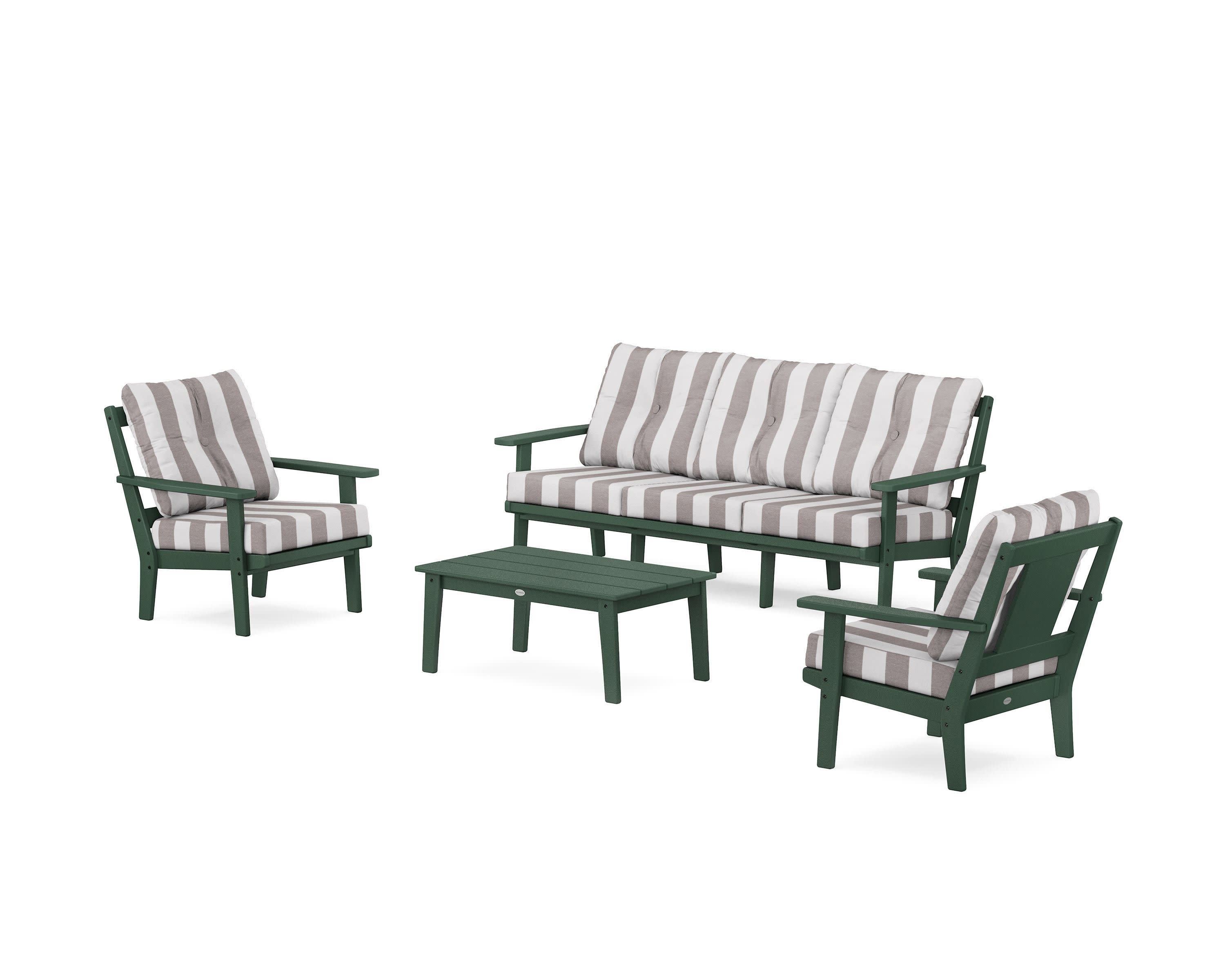 Prairie 4-Piece Deep Seating Set with Sofa in Green / Cabana Stripe Grey Mist