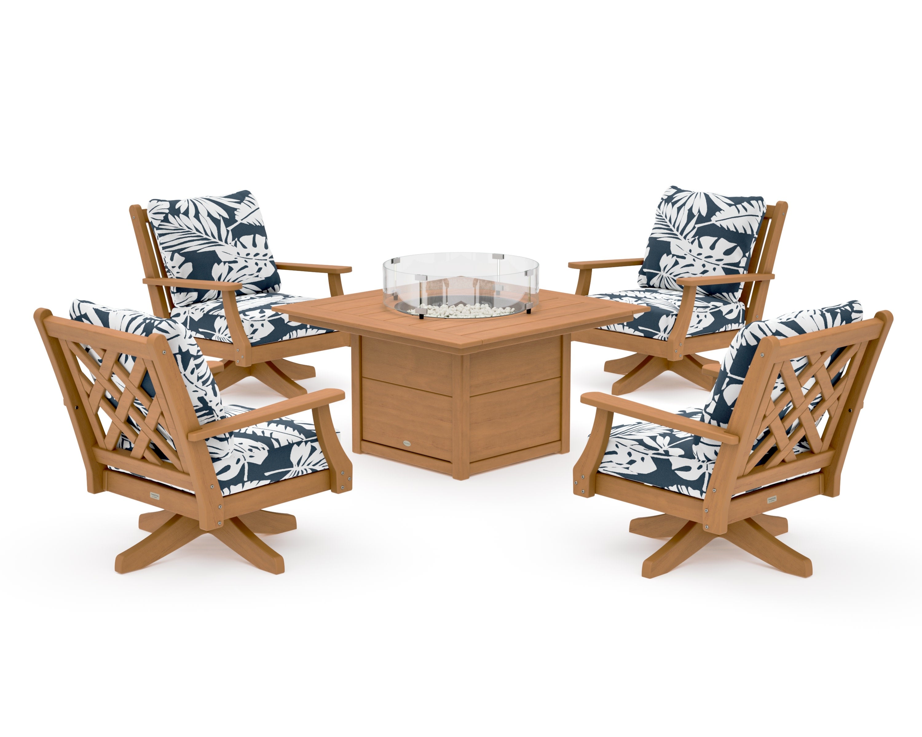 Wovendale 5-Piece Deep Seating Swivel Conversation Set with Fire Pit Table in Natural / Leaf Marine Indigo