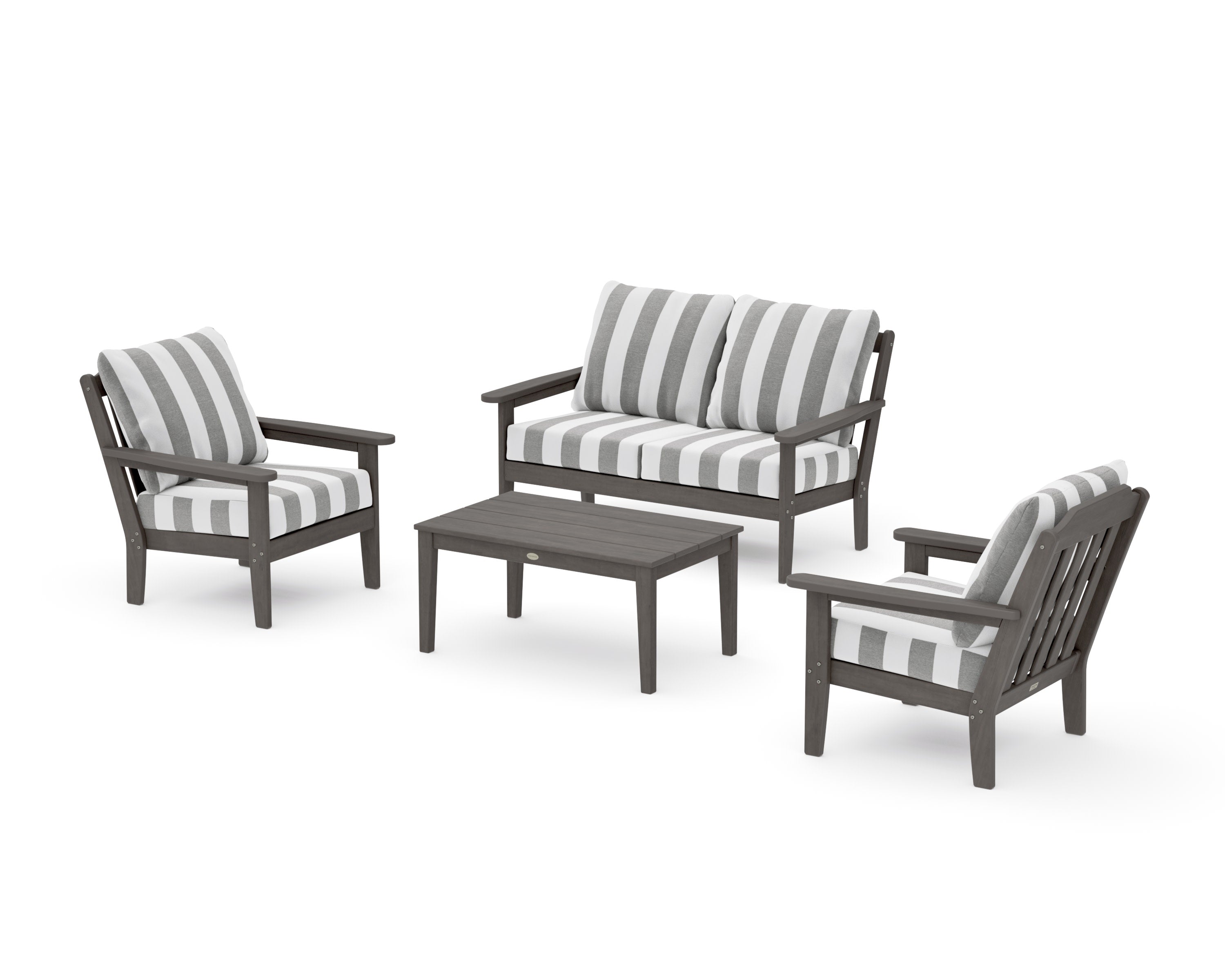 Cottage 4-Piece Deep Seating Set with Loveseat in Driftwood / Cabana Stripe Grey Mist