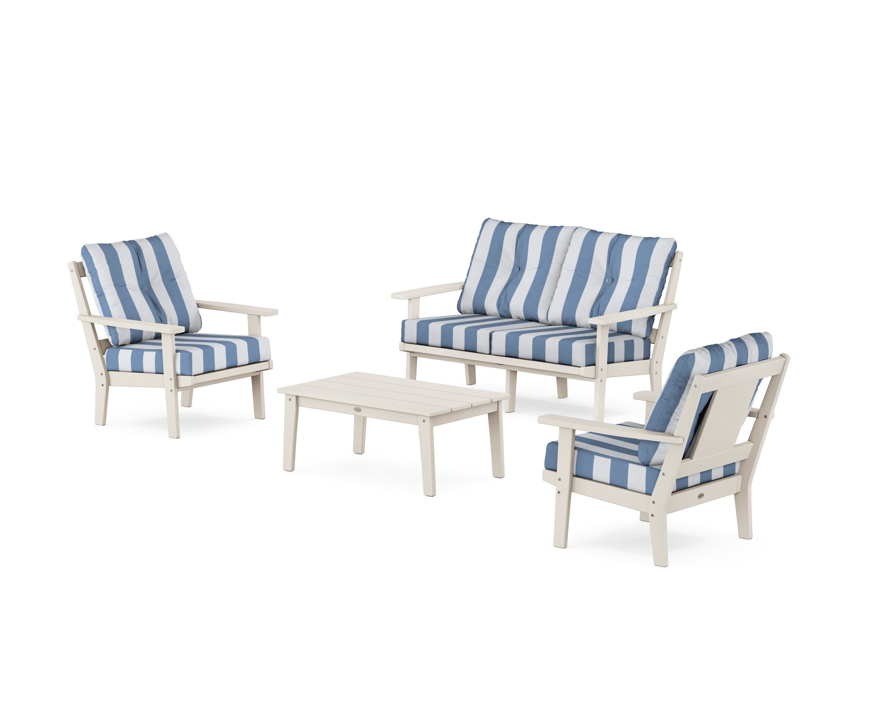 Prairie 4-Piece Deep Seating Set with Loveseat in Sand / Cabana Stripe Sky Blue