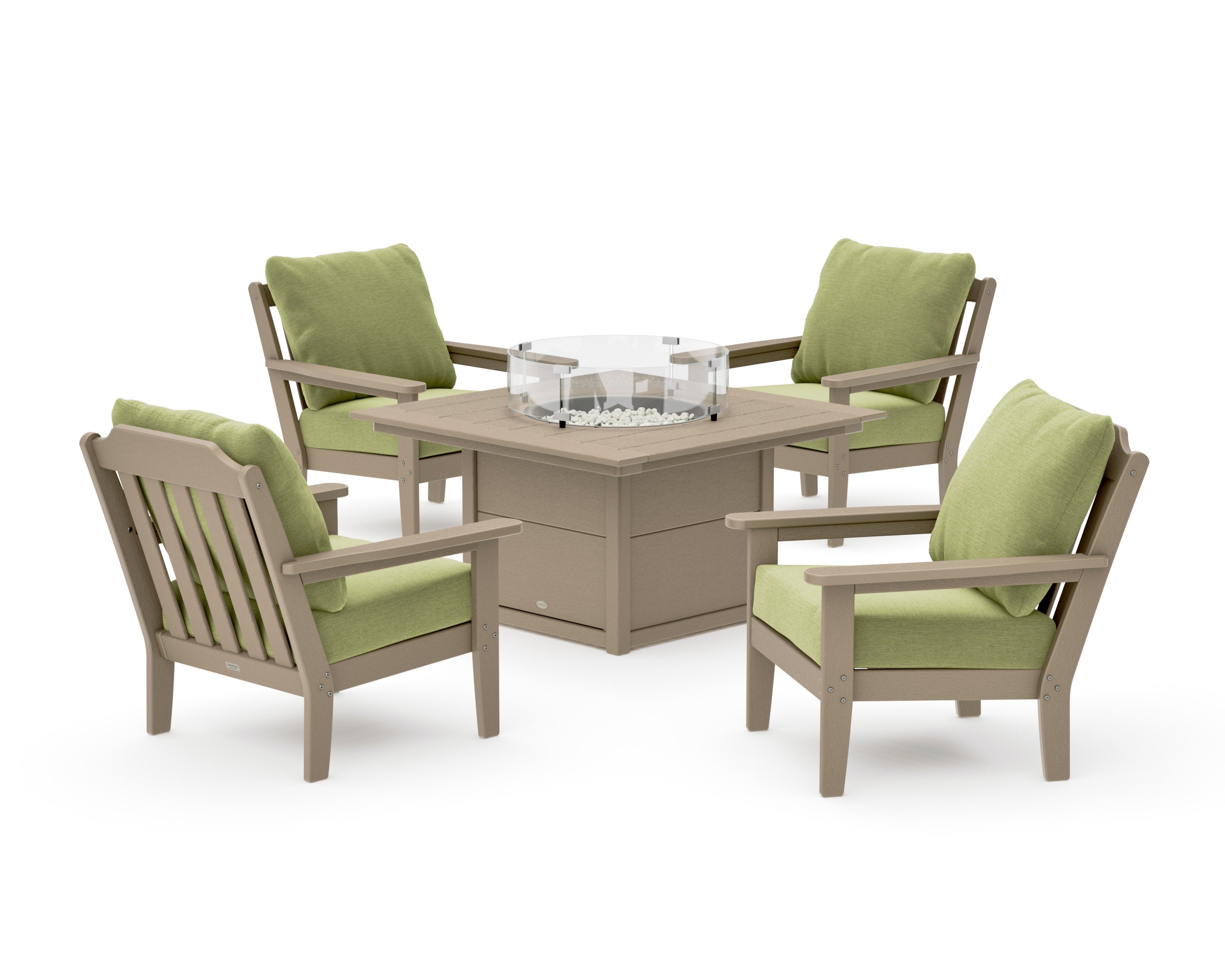 Cottage 5-Piece Deep Seating Set with Fire Pit Table in Vintage Sahara / Chartreuse Boucle