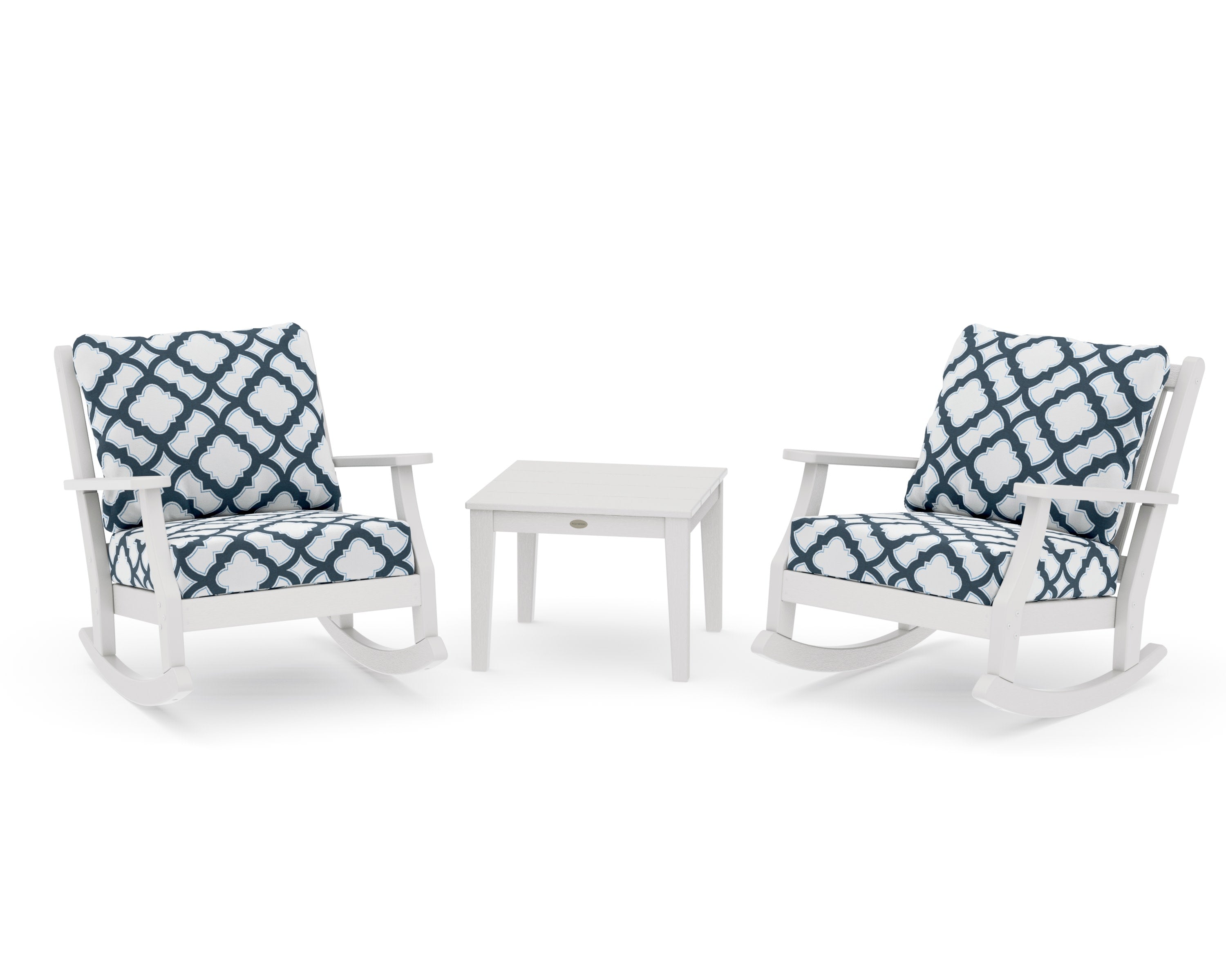 Wovendale 3-Piece Deep Seating Rocker Set in Vintage White / Trellis Marine Indigo