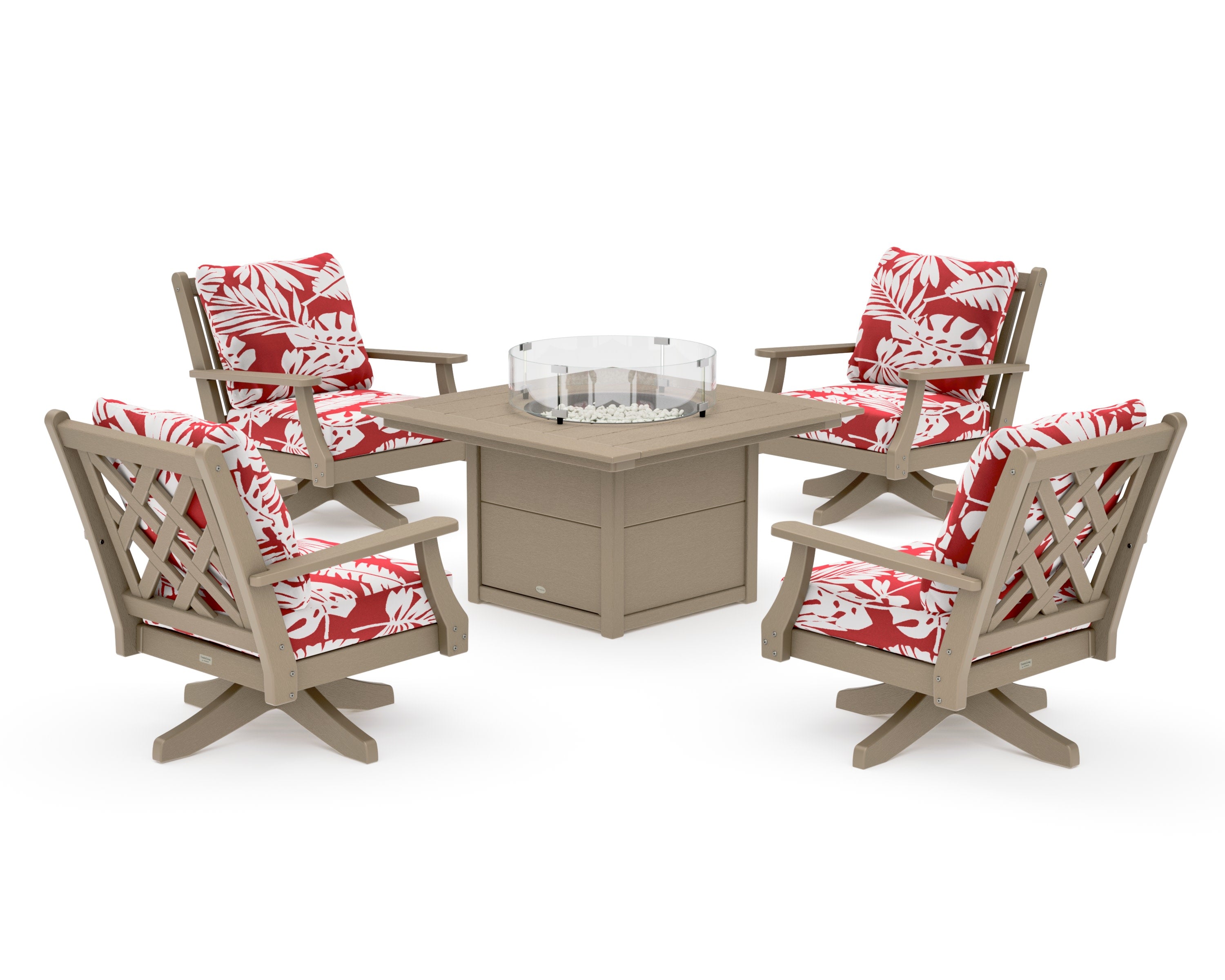 Wovendale 5-Piece Deep Seating Swivel Conversation Set with Fire Pit Table in Vintage Sahara / Leaf Crimson
