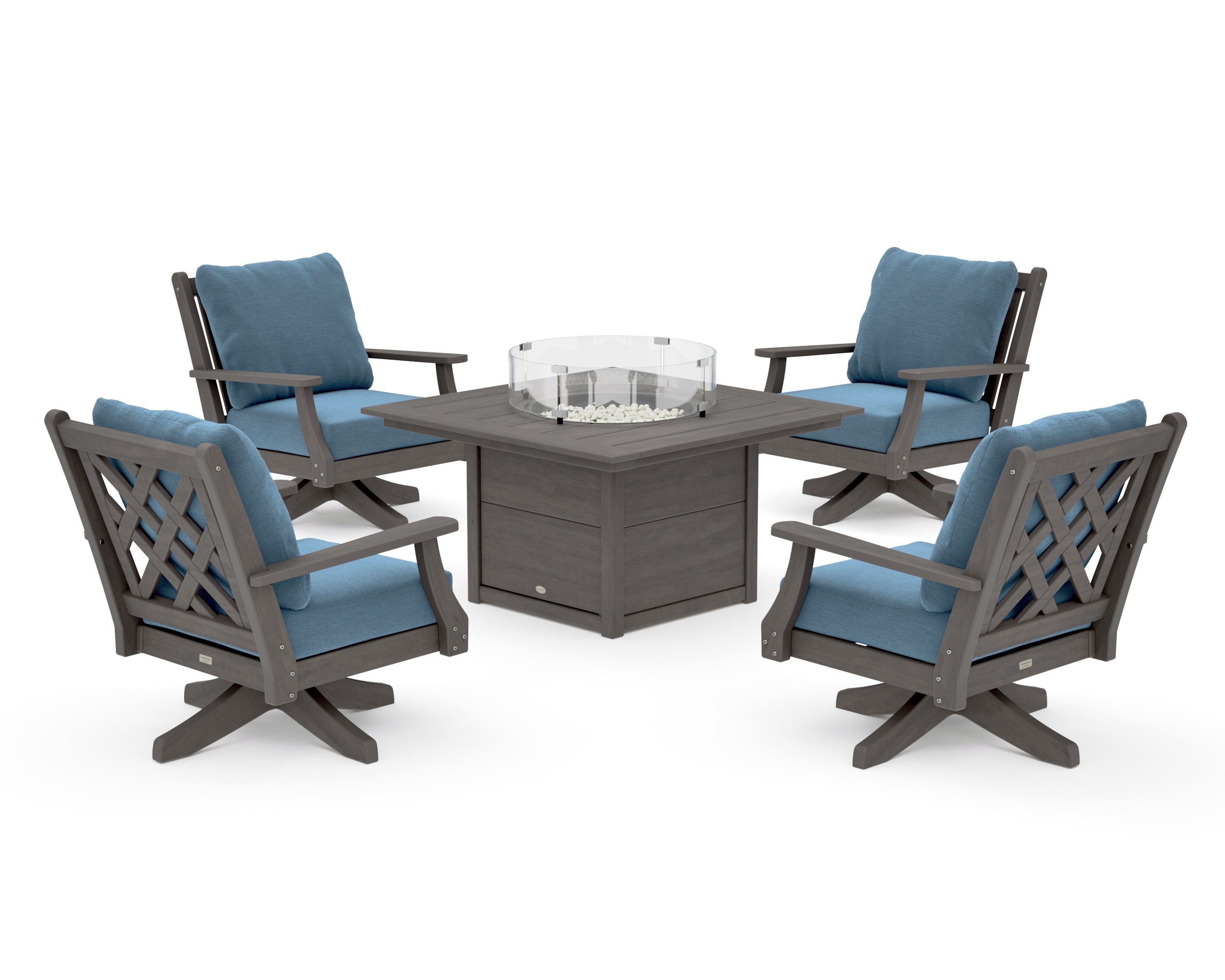Wovendale 5-Piece Deep Seating Swivel Conversation Set with Fire Pit Table in Driftwood / Sky Blue