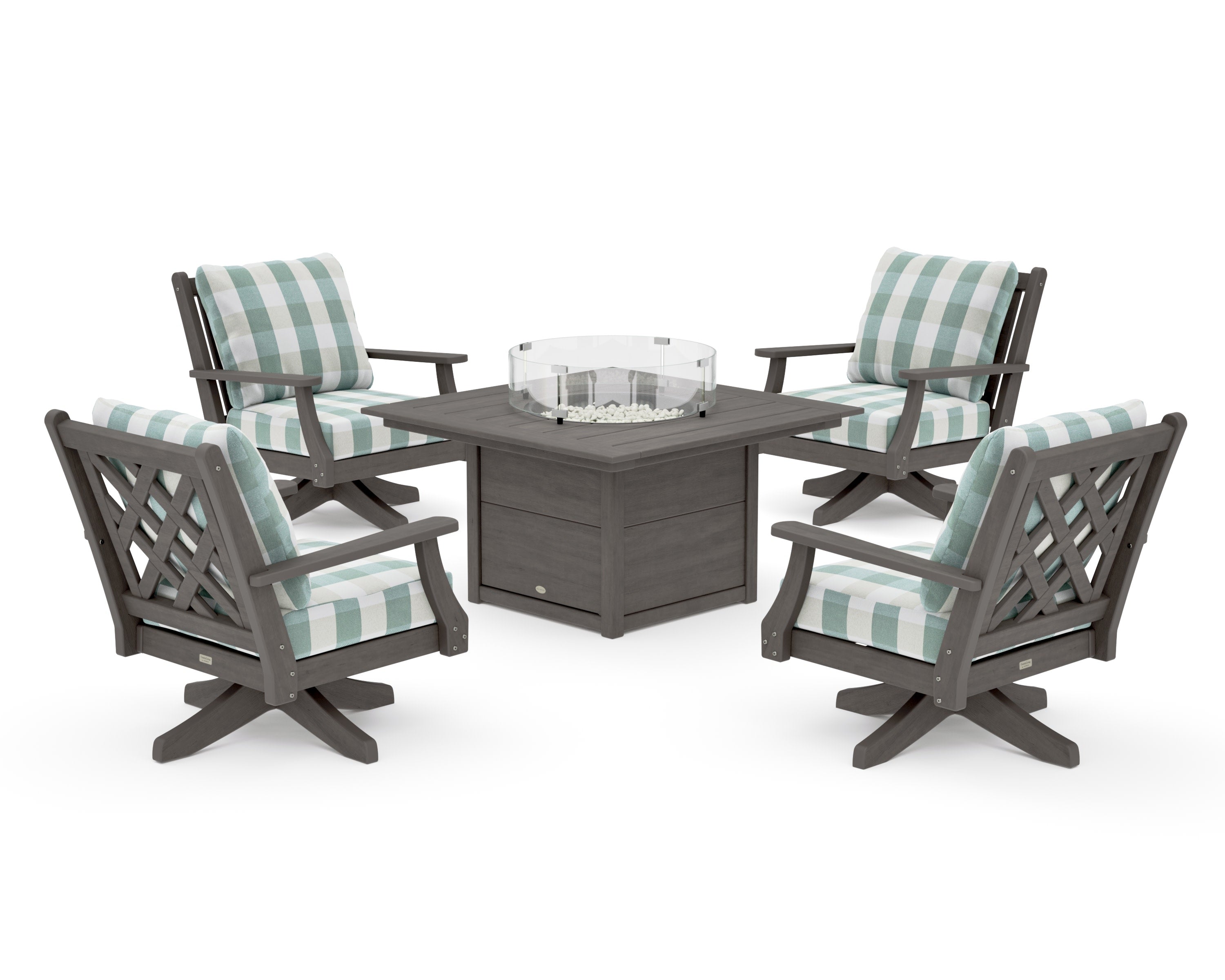 Wovendale 5-Piece Deep Seating Swivel Conversation Set with Fire Pit Table in Driftwood / Buffalo Plaid Glacier Spa