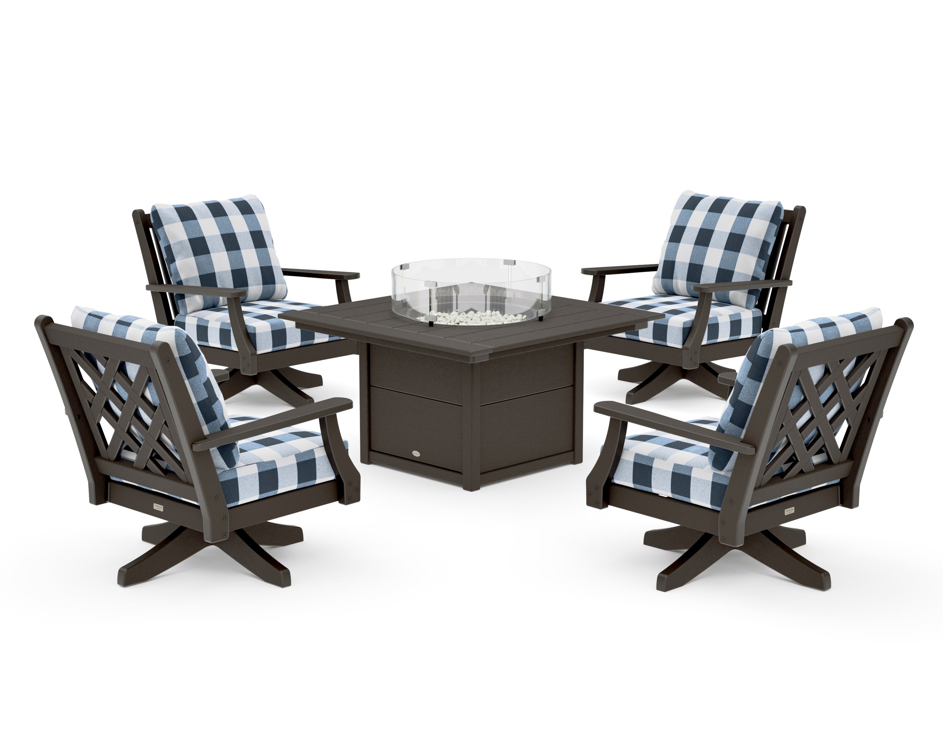 Wovendale 5-Piece Deep Seating Swivel Conversation Set with Fire Pit Table in Vintage Coffee / Buffalo Plaid Marine Indigo