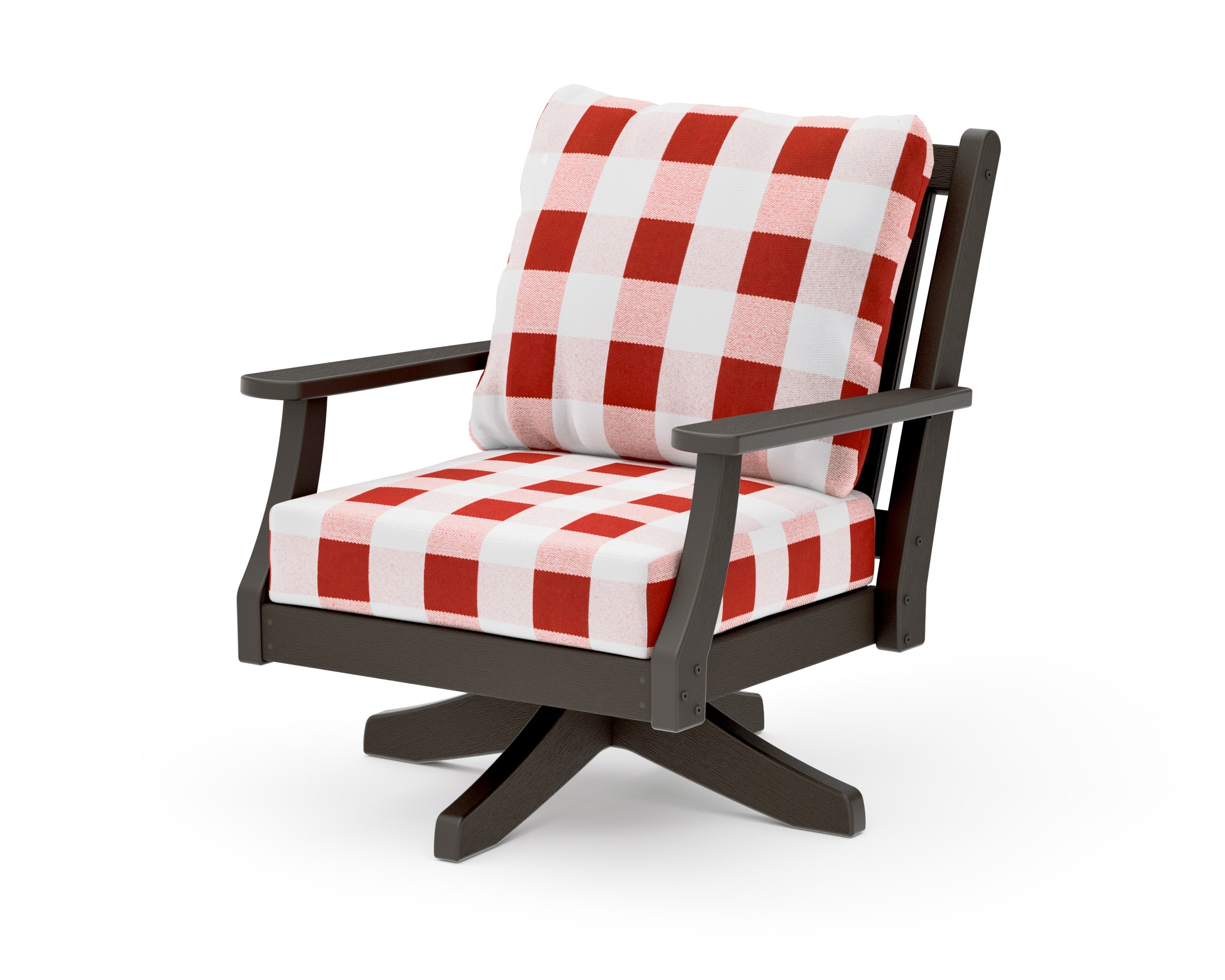 Wovendale Deep Seating Swivel Chair in Vintage Coffee / Buffalo Plaid Crimson