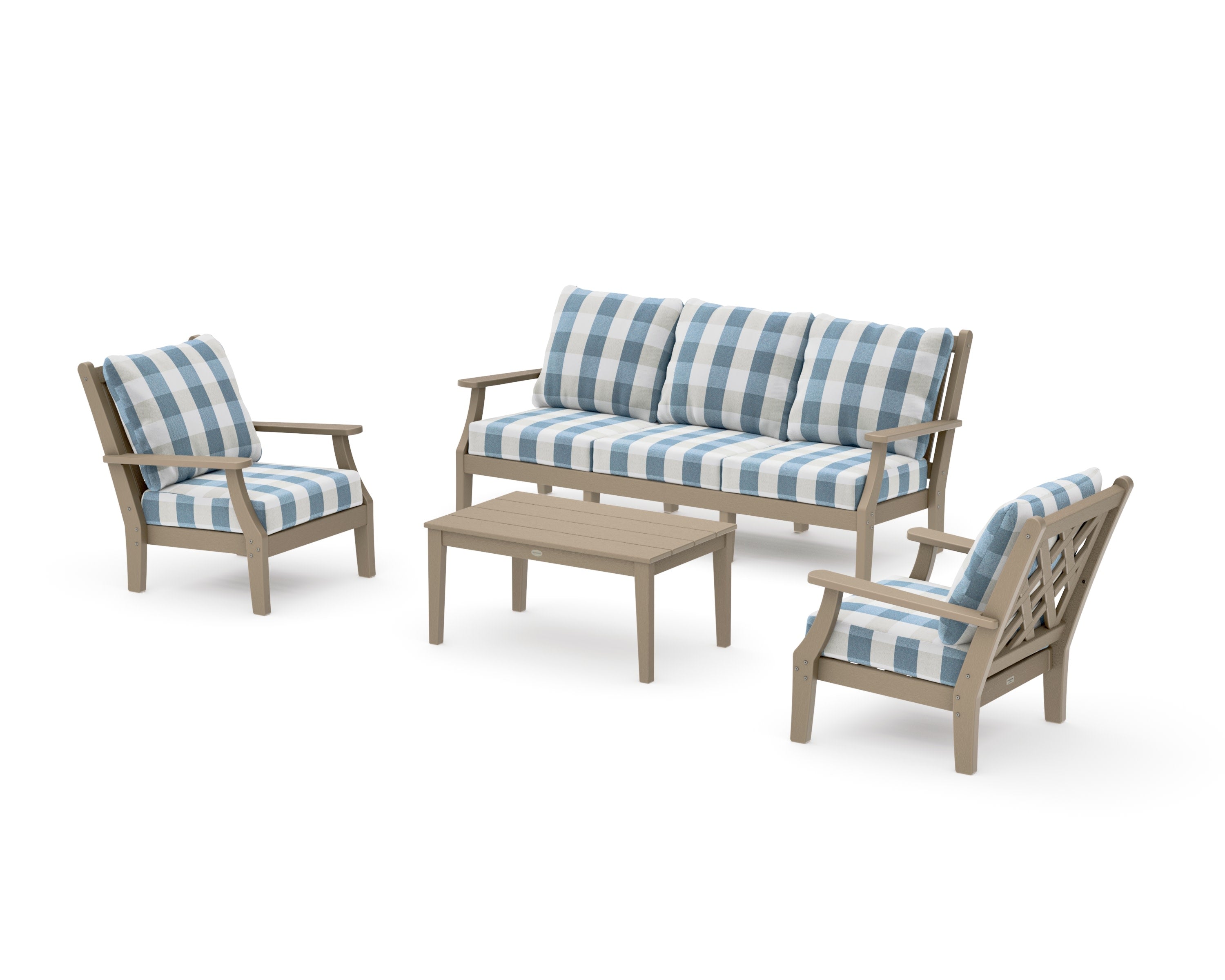 Wovendale 4-Piece Deep Seating Set with Sofa in Vintage Sahara / Buffalo Plaid Sky Blue