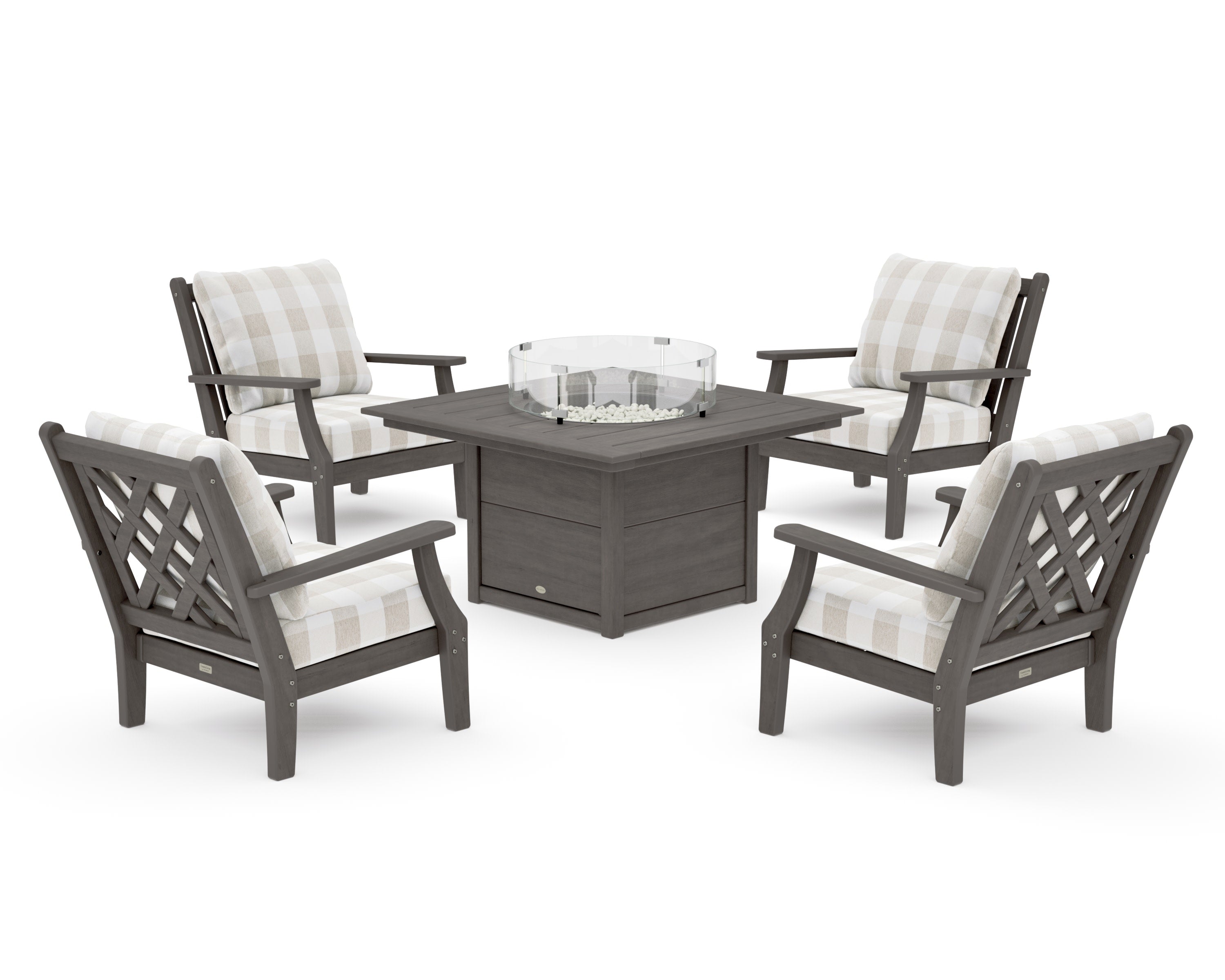 Wovendale 5-Piece Deep Seating Set with Fire Pit Table in Driftwood / Buffalo Plaid Dune Burlap