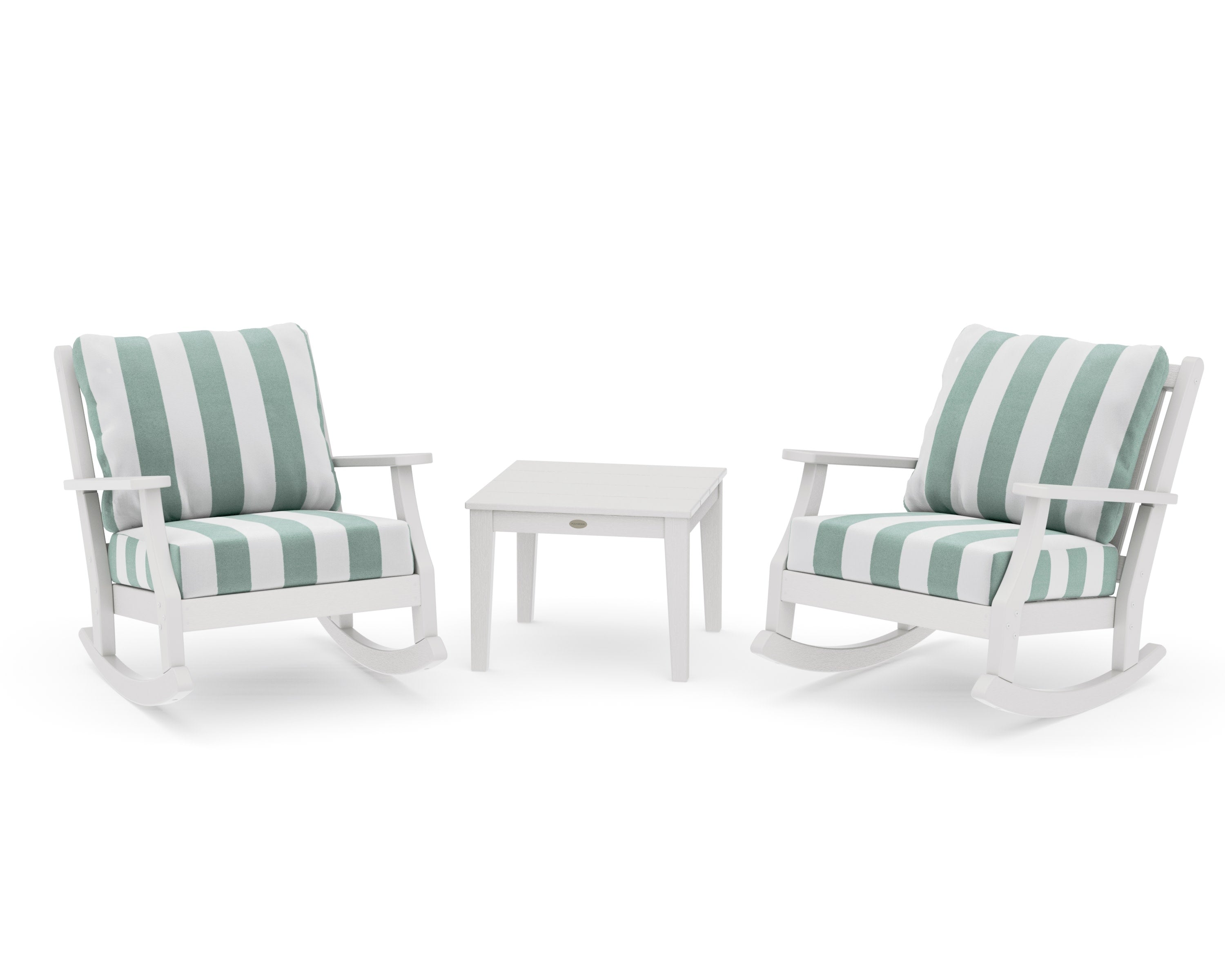 Wovendale 3-Piece Deep Seating Rocker Set in Vintage White / Cabana Stripe Glacier Spa