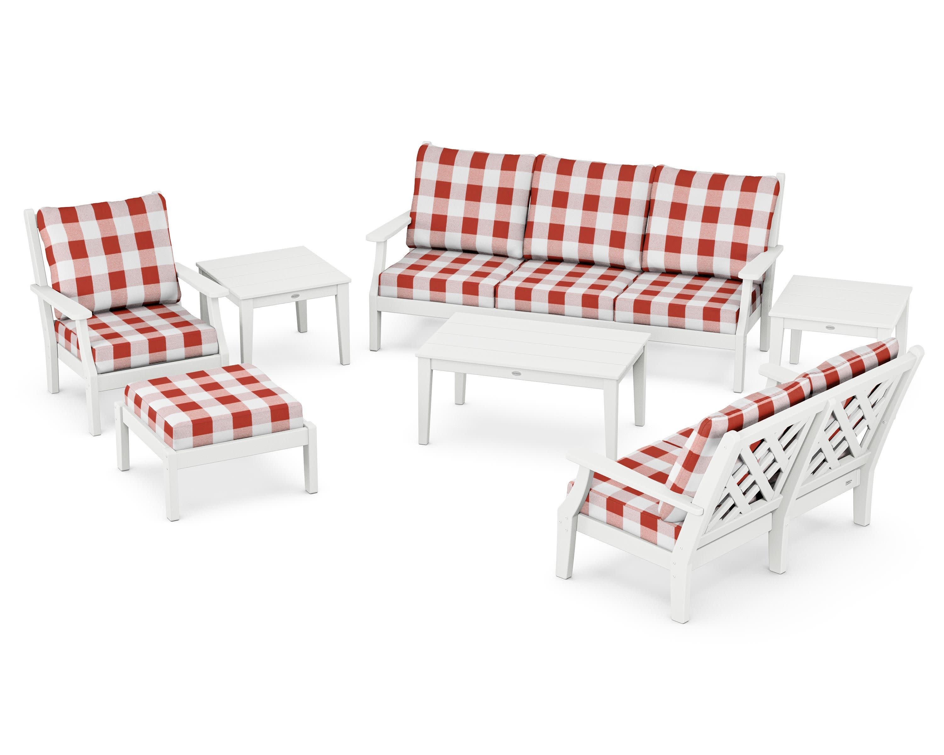 Wovendale 7-Piece Deep Seating Set in White / Buffalo Plaid Crimson