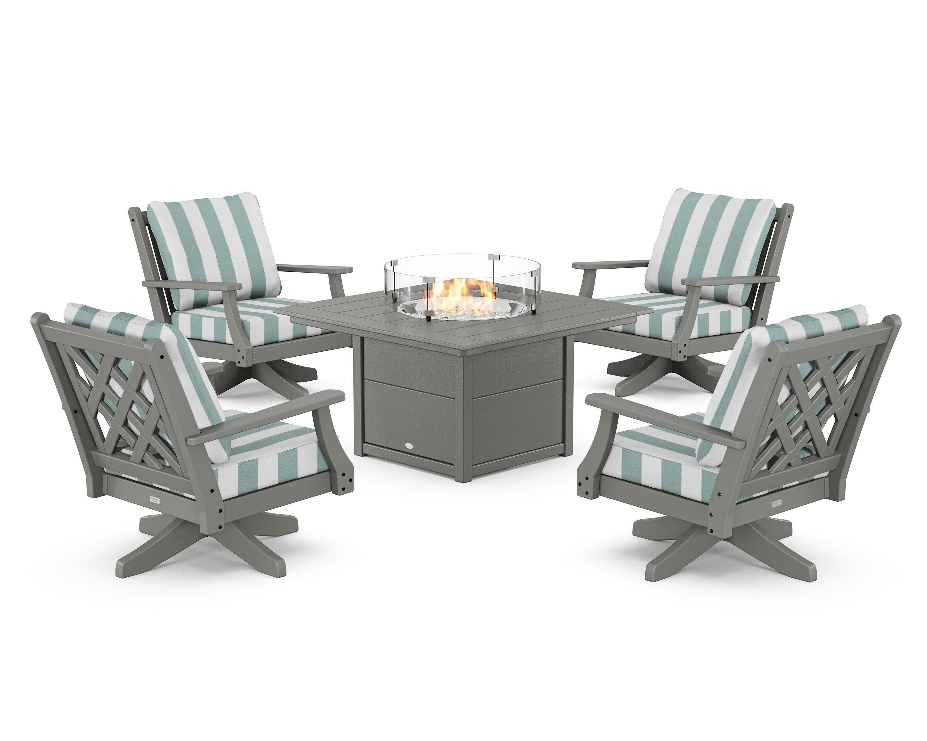 Wovendale 5-Piece Deep Seating Swivel Conversation Set with Fire Pit Table in Slate Grey / Cabana Stripe Glacier Spa