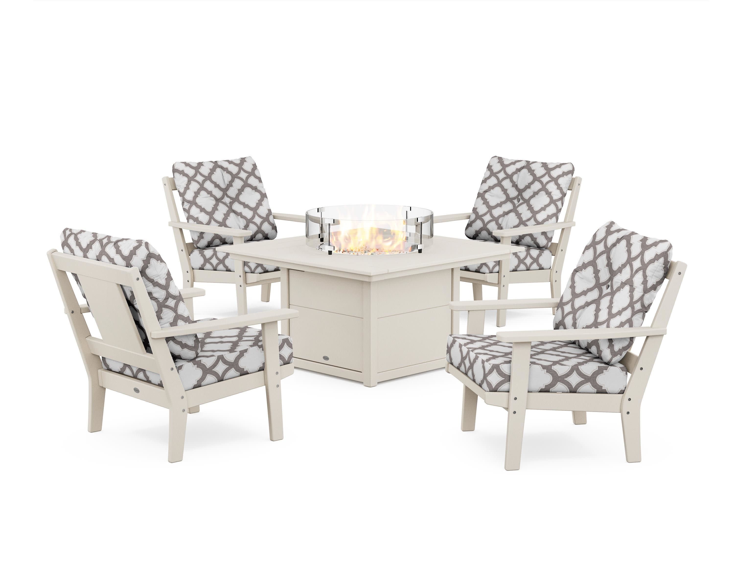 Prairie 5-Piece Deep Seating Set with Fire Pit Table in Sand / Trellis Grey Mist