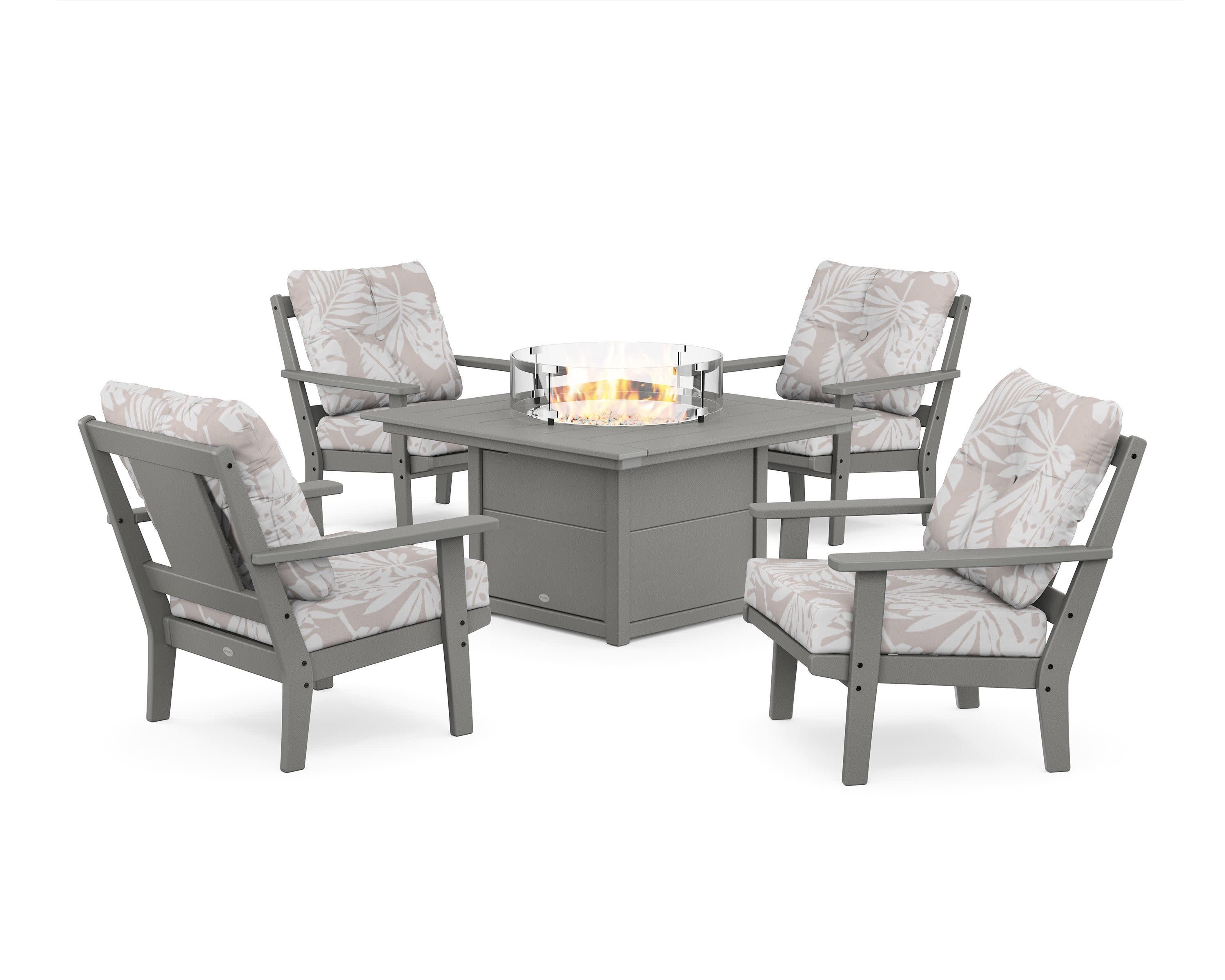 Prairie 5-Piece Deep Seating Set with Fire Pit Table in Slate Grey / Leaf Dune Burlap