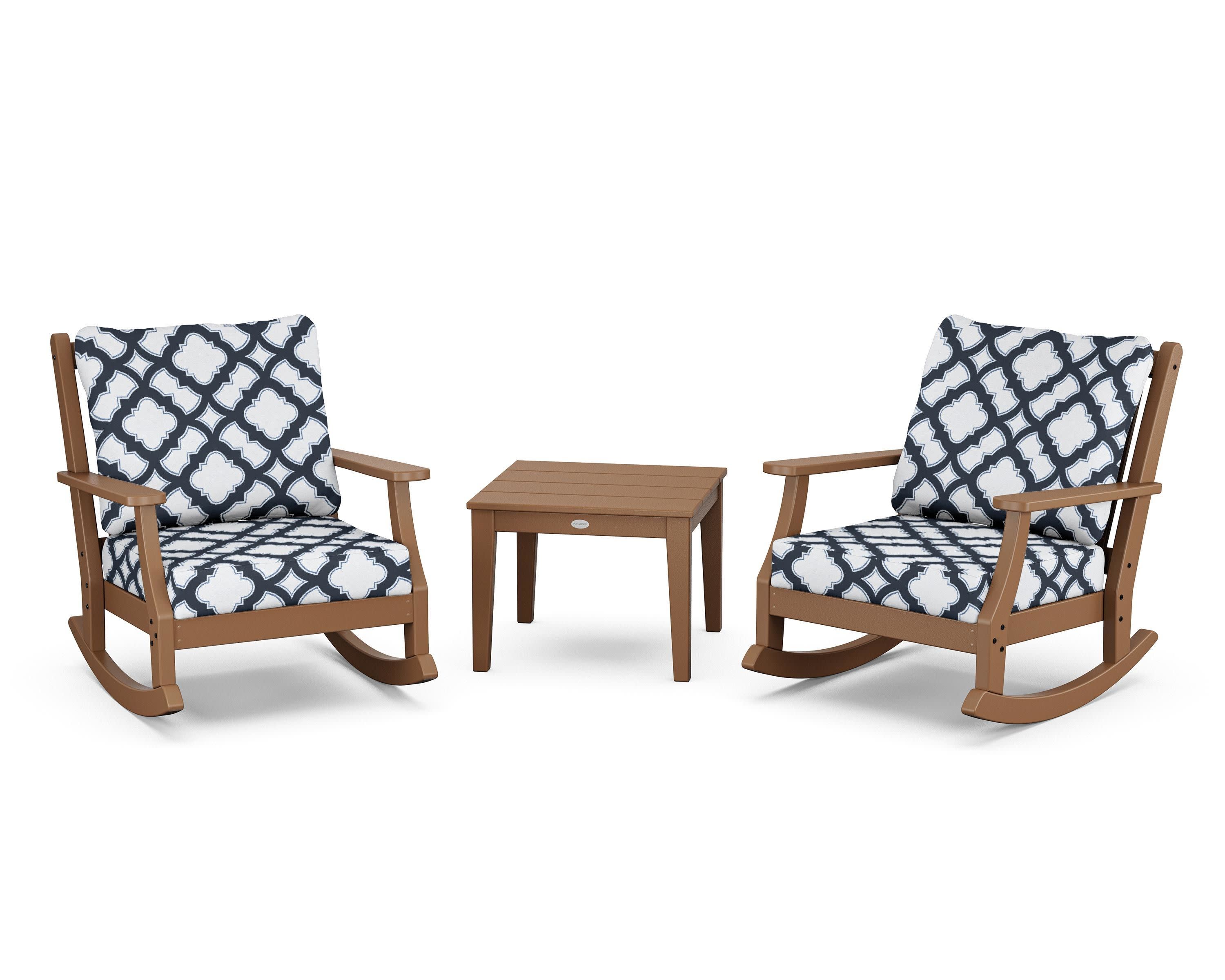 Wovendale 3-Piece Deep Seating Rocker Set in Teak / Trellis Marine Indigo